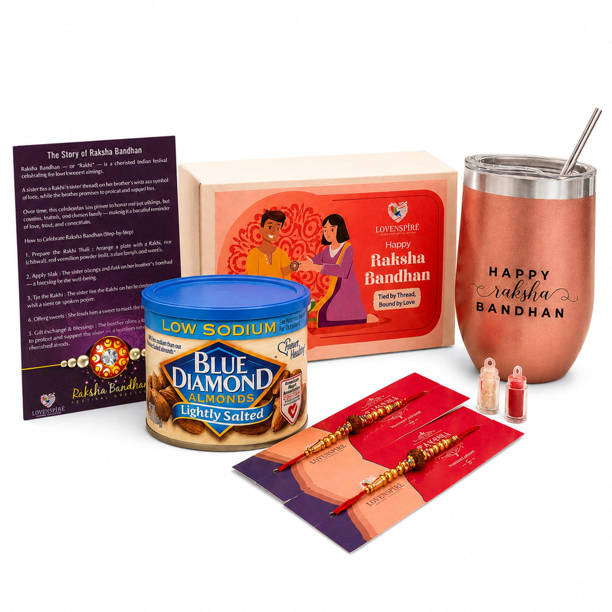 LOVENSPIRE Traditional Rudraksha Rakhi Gift Hamper for Brother & Bhabhi - Adjustable Rakhi Bracelet with Tumbler, Chocolates, Roli Chawal & Card
