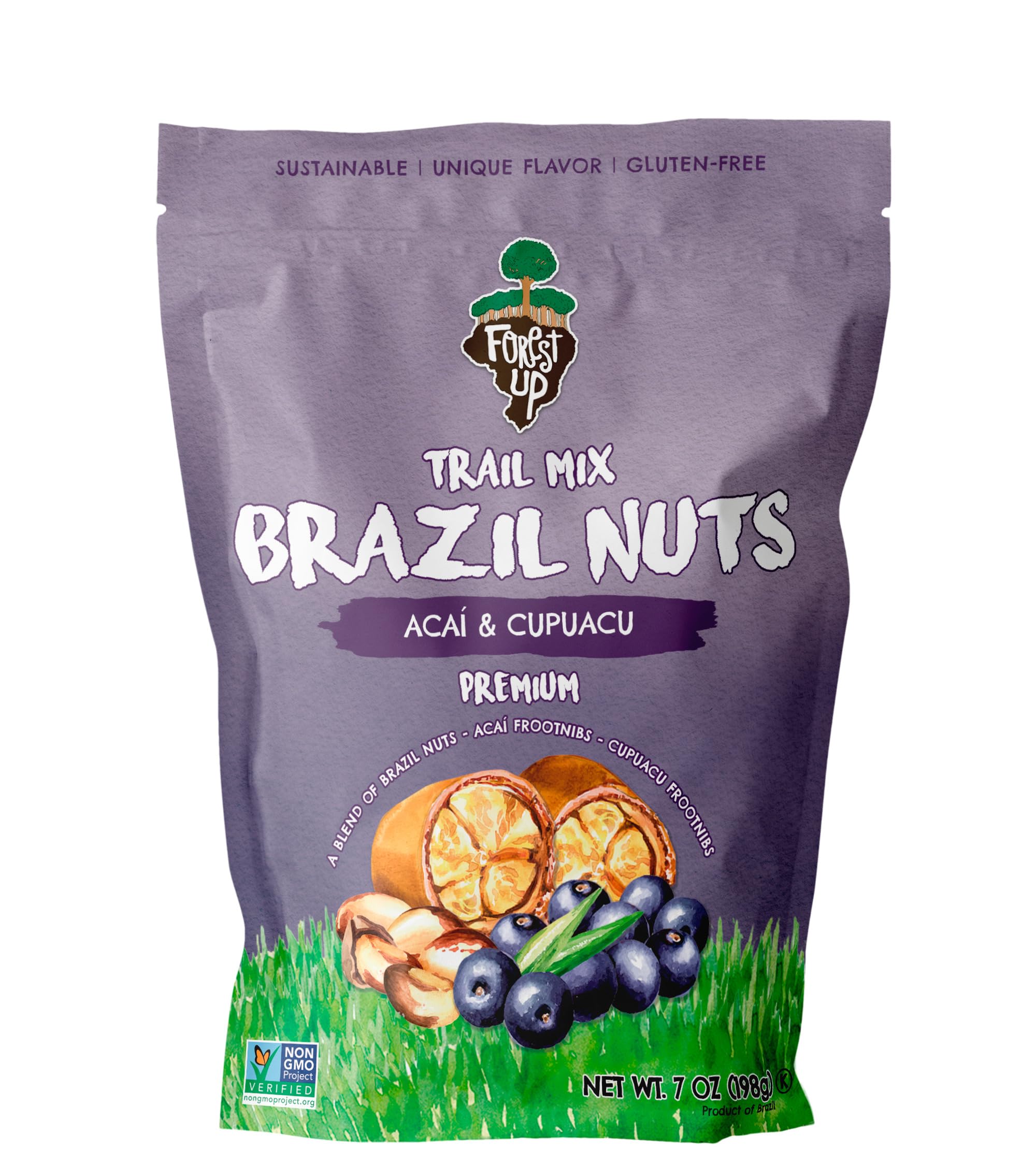 FOREST UP Snack Açaí Trail Mix 7 oz - The True Organic Brazil Nuts Roasted + Açaí Fruit Nibs + Cupuaçu Fruit Nibs - Nutrient-Rich and Practical Combo