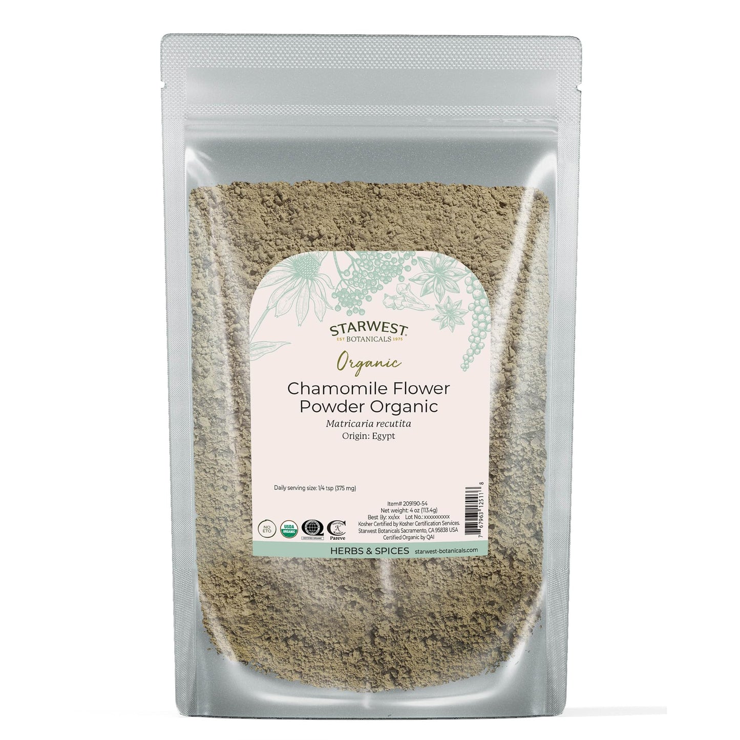 Starwest Botanicals Organic Chamomile Flower Powder - Dried Loose Leaf Herb for Tea, Herbal Lotions, & Baking, Sourced from Egypt, Certified Kosher