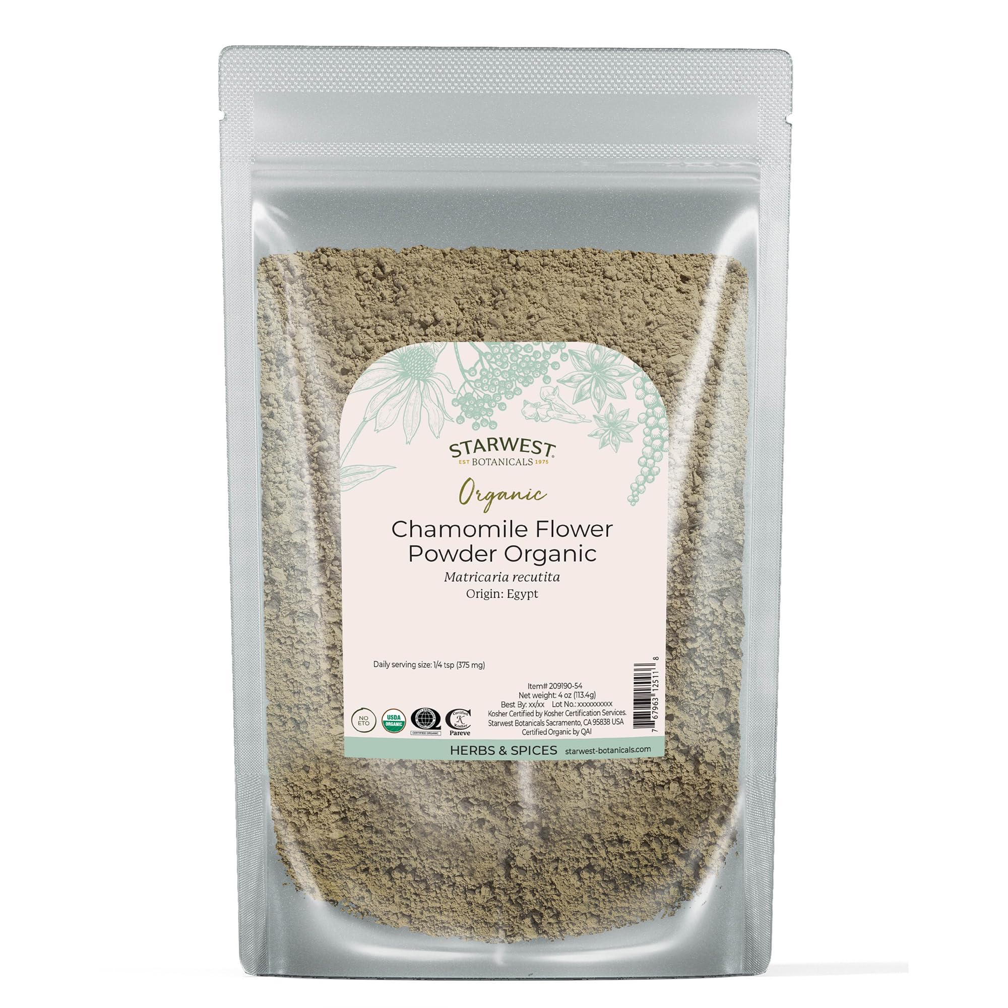 Starwest Botanicals Organic Chamomile Flower Powder - Dried Loose Leaf Herb for Tea, Herbal Lotions, & Baking, Sourced from Egypt, Certified Kosher