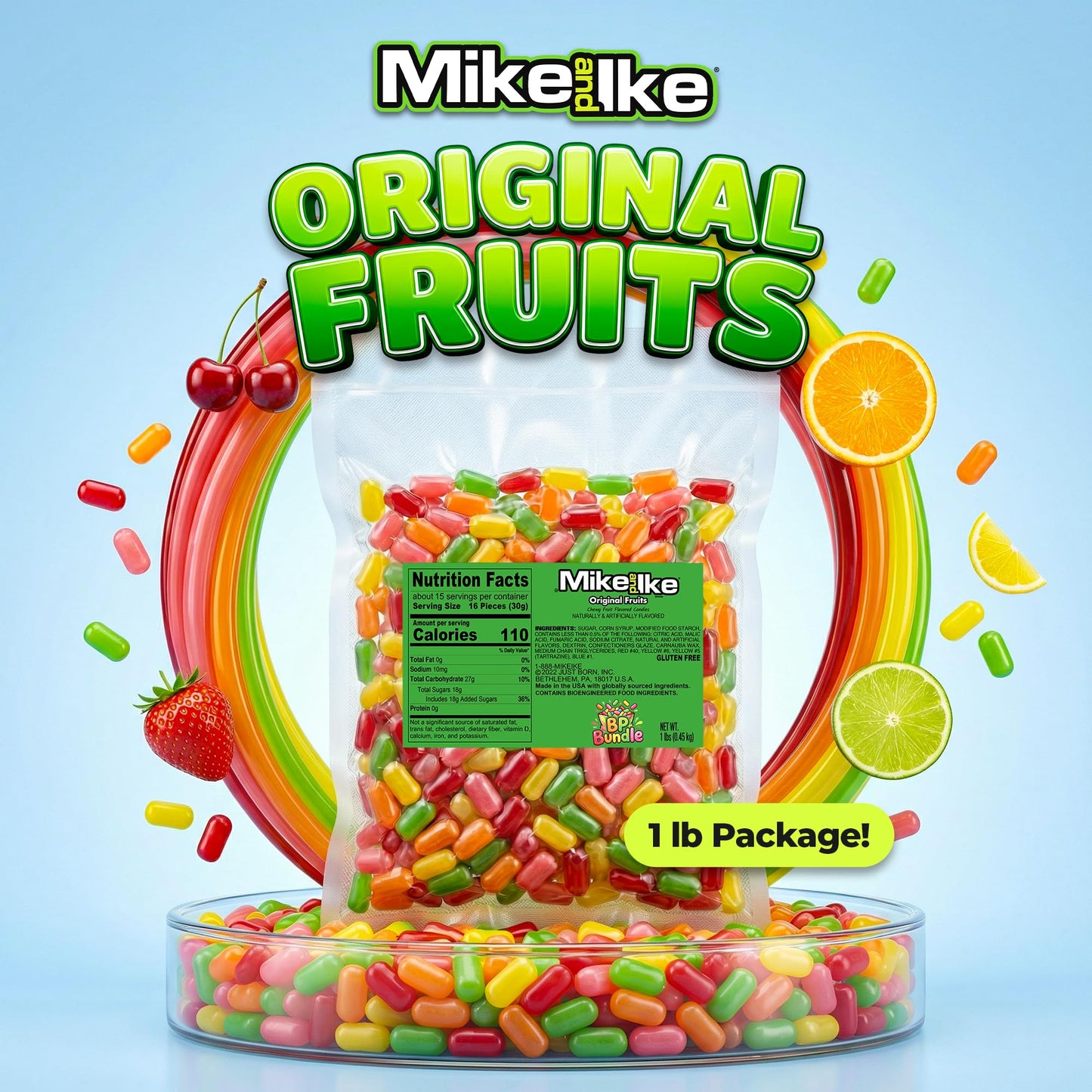 MIKE AND IKE Fruit Candy - 1lb Bulk Bag for Easy Sharing, Storing, and Freshness - Mixed Candied Fruit Chewy, Juicy Variety Pack, Best Candy Snack
