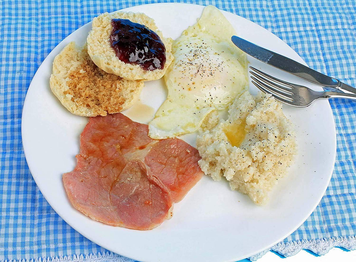Premium Country Ham Center Slices 12oz, Buttermilk Biscuit Mix, Waterground Grits 2 lbs and Red Eye Gravy Mix (Yellow Grits)