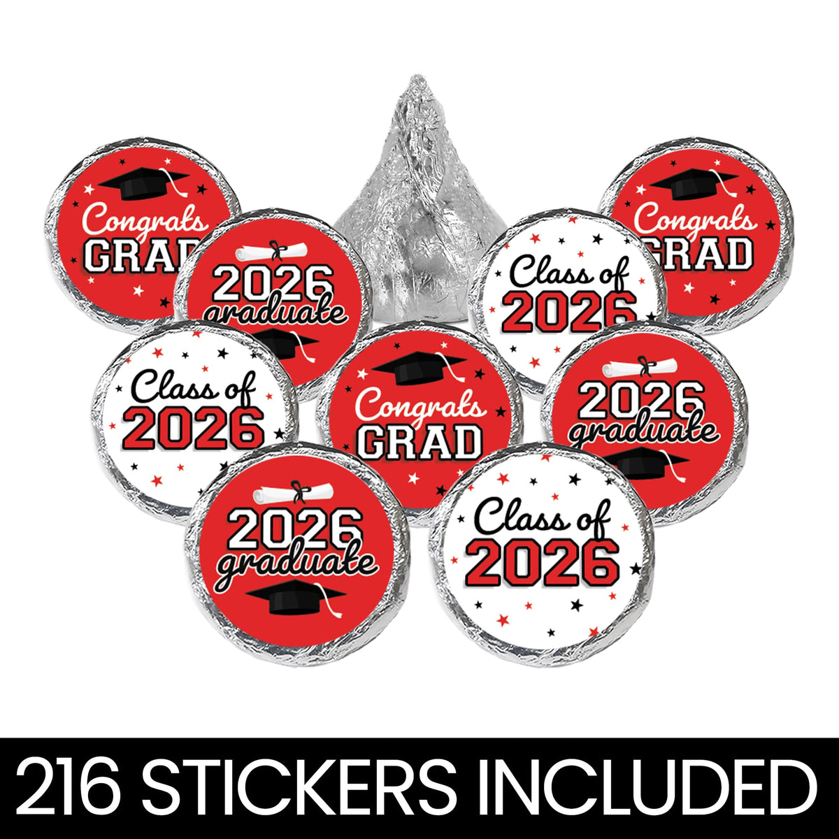 DISTINCTIVS Class of 2026 Graduation Candy Stickers for Chocolate Drops, Red Grad Party Favors - 216 Count