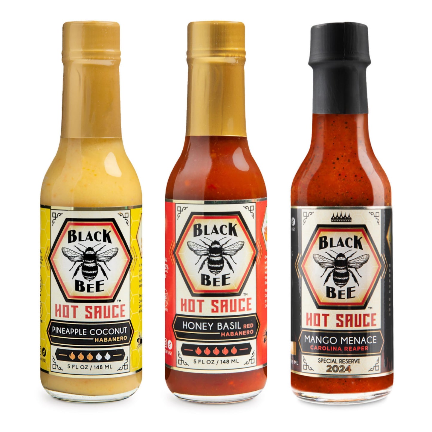 Black Bee Triple Sting Hot Sauce Gift Set (3 Pack) - Pineapple Coconut Habanero, Honey Basil Red Habanero & Mango Menace Carolina Reaper - Small Batch