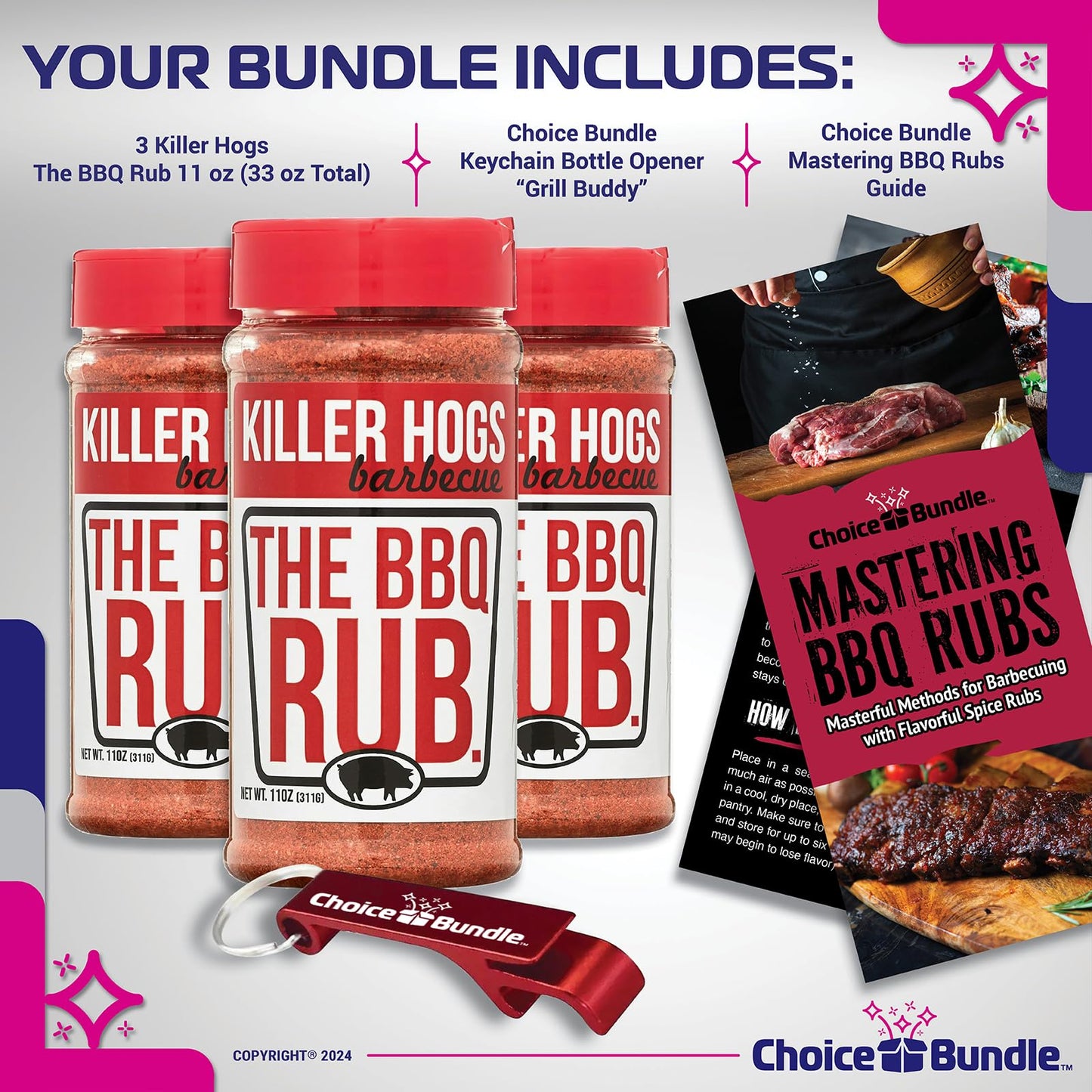 Killer Hogs The BBQ Rub Premium Barbecue Spice & Seasoning 3 pk (33 oz) + BBQ Guide & Bottle Opener (5 Items)!