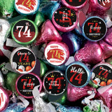 Happy 74th Birthday Party Favor Labels Chocolate Candy Stickers - 74 Years Old Birthday Round Candy Sticker Party Favors - Black and Red - 150