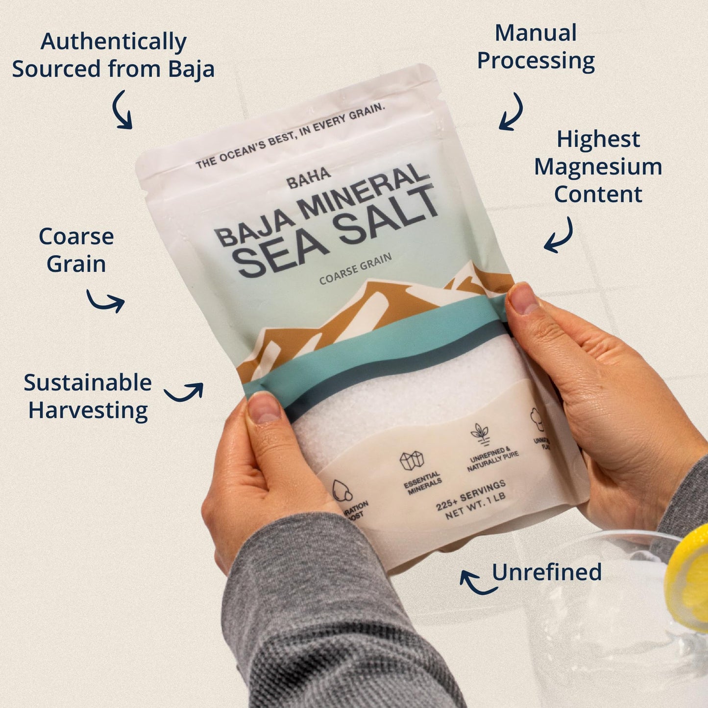 BAHA - 1 lb. Baja Mineral Sea Salt | Original Natural Grain Baha Mineral Salt from Sea of Cortez | Low Sodium & Mineral | For Cooking, Plating and