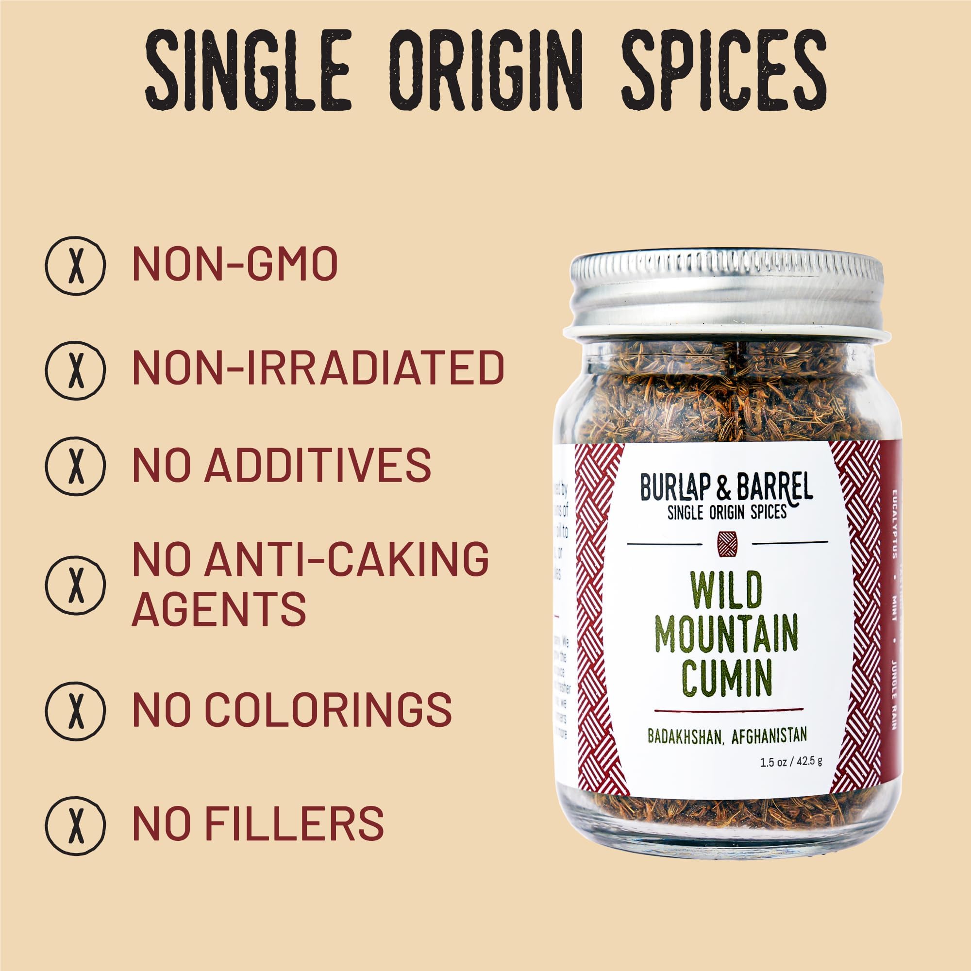 Burlap & Barrel Wild Mountain Cumin - Savory, Aromatic, and Bright Umami Flavor - Whole & Ground Cumin Seeds - As Seen On Shark Tank - 1.8oz Glass Jar