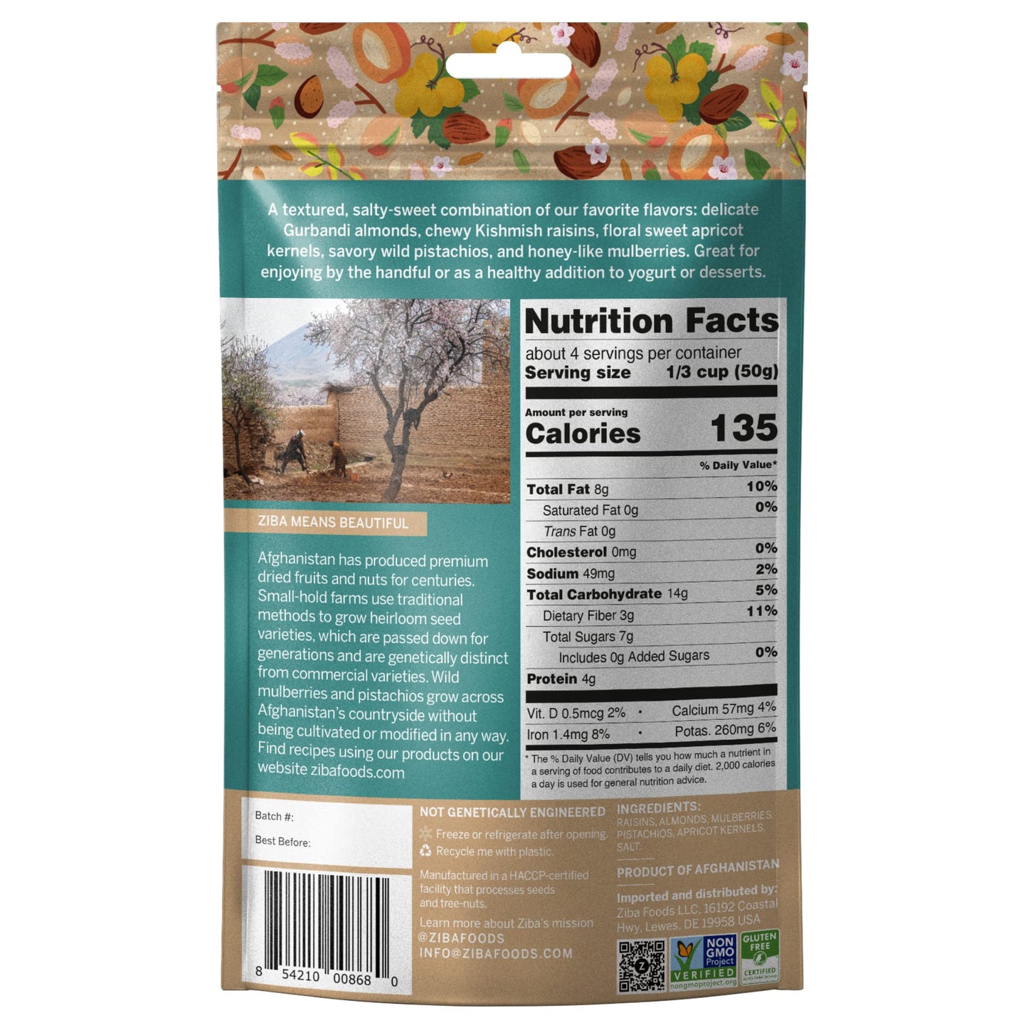 Ziba Foods Trail Mix - Sweet Apricot Kernels, Mulberries, Raisins, Almonds & Pistachios - Non-GMO, Vegan, Whole 30 Friendly & Paleo - High in Fiber