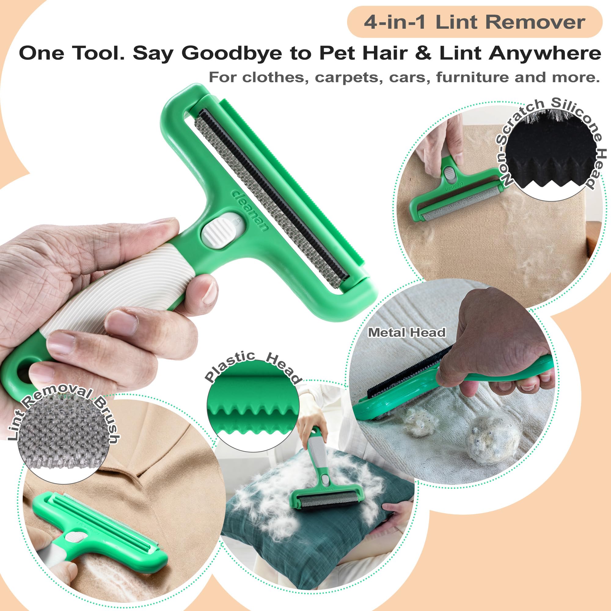 4-in-1 Pet Hair Remover & Lint Tool, Reusable Carpet Cleaner for Dog & Cat Fur - Safe for Couch, Clothes, Rugs & Car Mats - Portable Detailer with 4