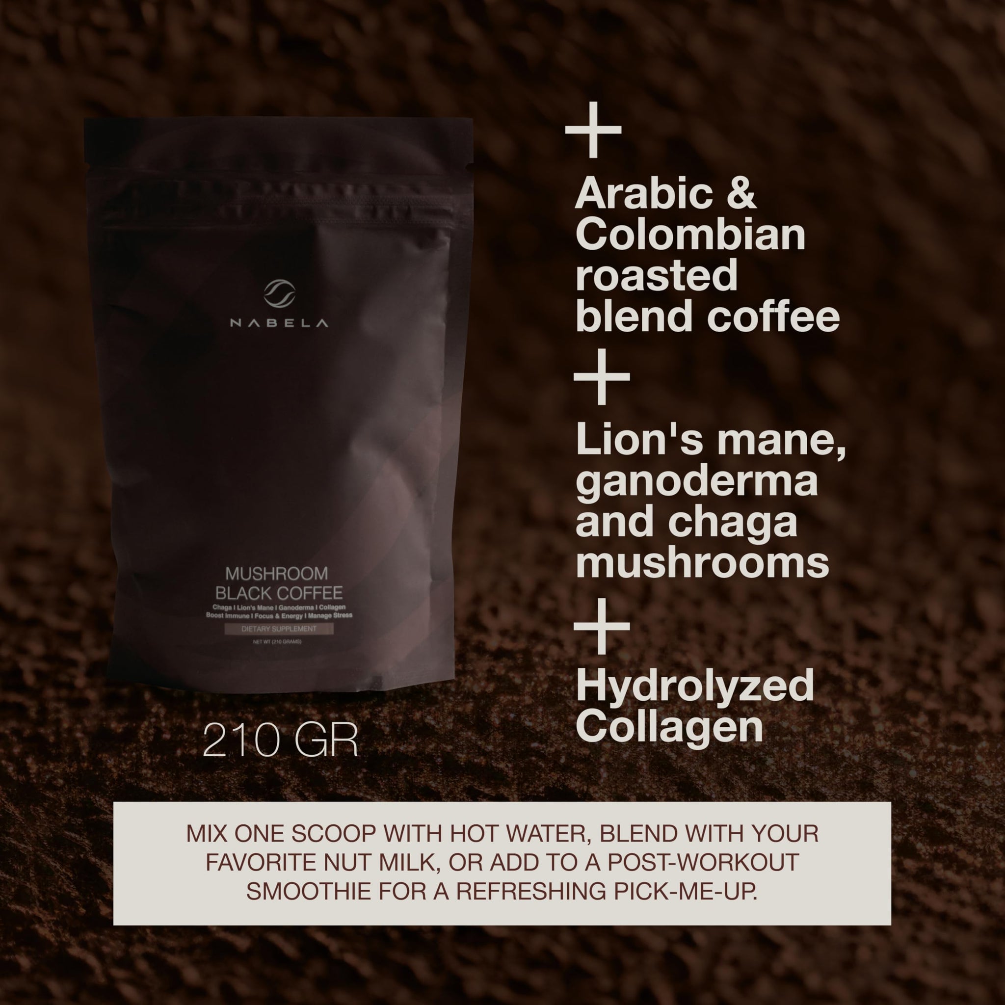 Nabela Mushroom Black Coffee with Collagen & Lion's Mane - Organic Instant Coffee for Focus, Clarity & Energy - Nootropic Coffee Alternative