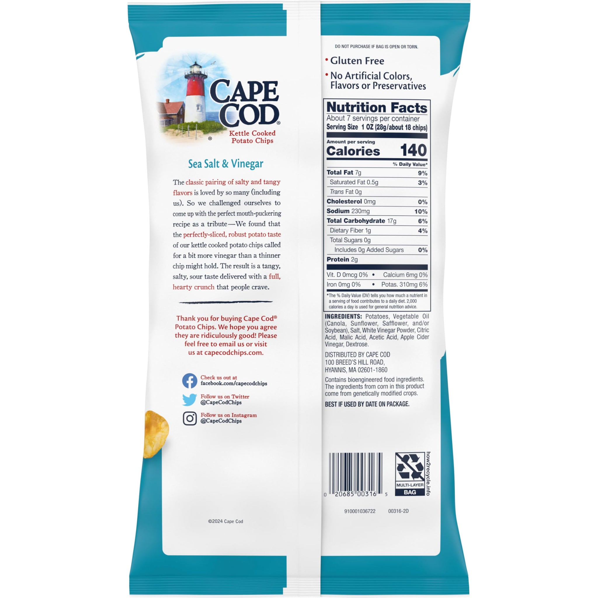 Cape Cod Sea Salt & Vinegar Chips, 7.5 Oz Bag
