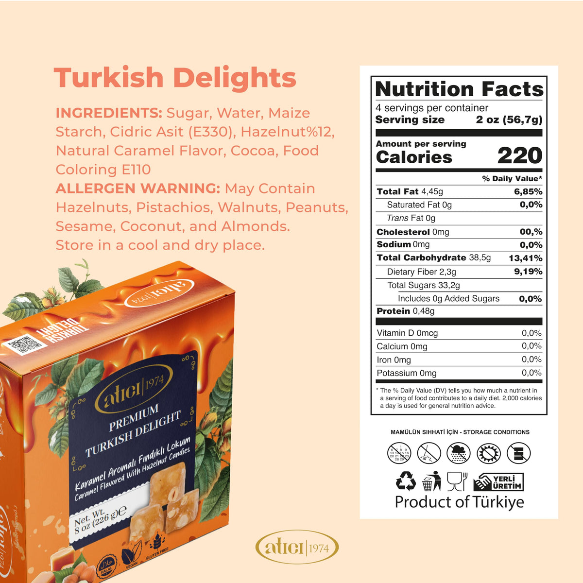 Atici Lokum Authentic Turkish Delight 8oz - Gourmet Vegan Sweets, Gluten-Free, Halal Soft Chewy Candy Gift Box | Traditional Premium Lokum Loukoumi