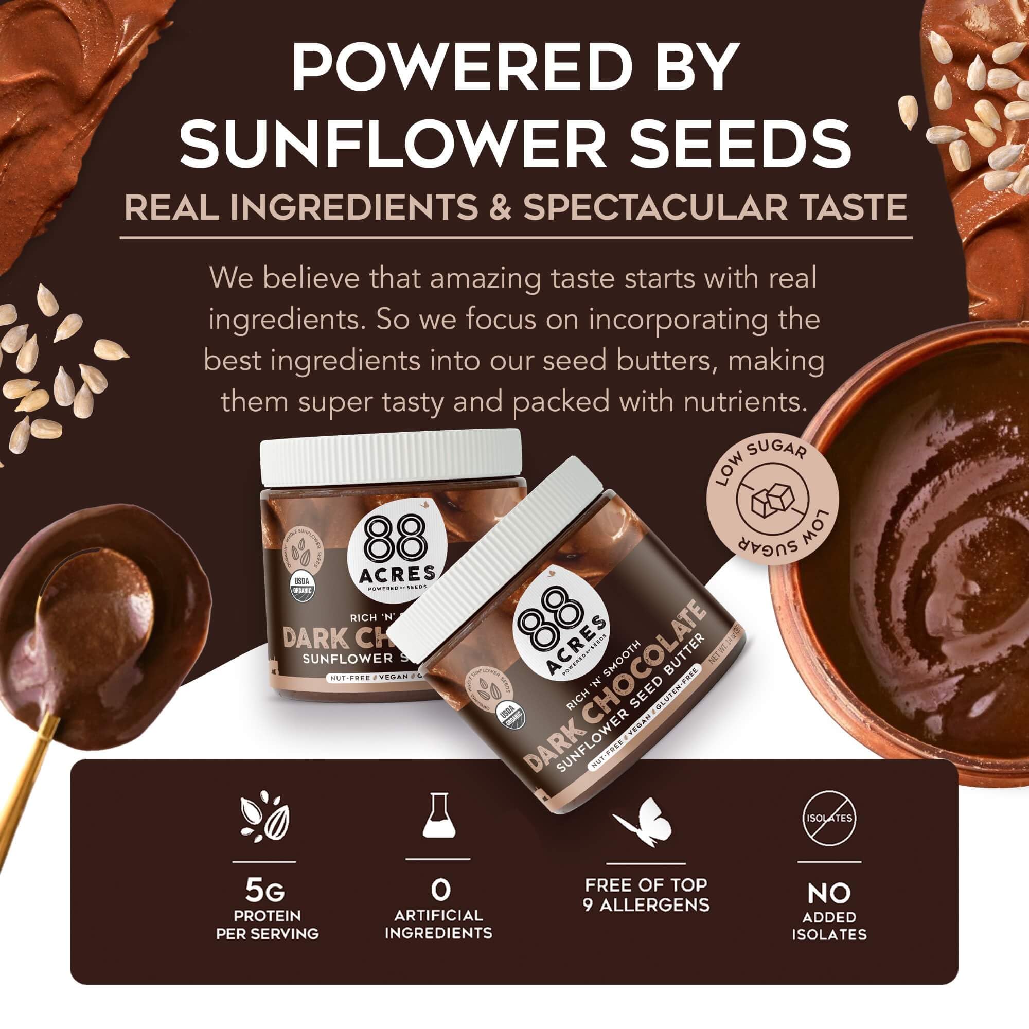 88 Acres Organic Sunflower Seed Butter, Dark Chocolate, 14 oz Jar, 2 Pack, Butter Spread with 5g Plant-Based Protein, Gluten Free, Nut Free, Vegan