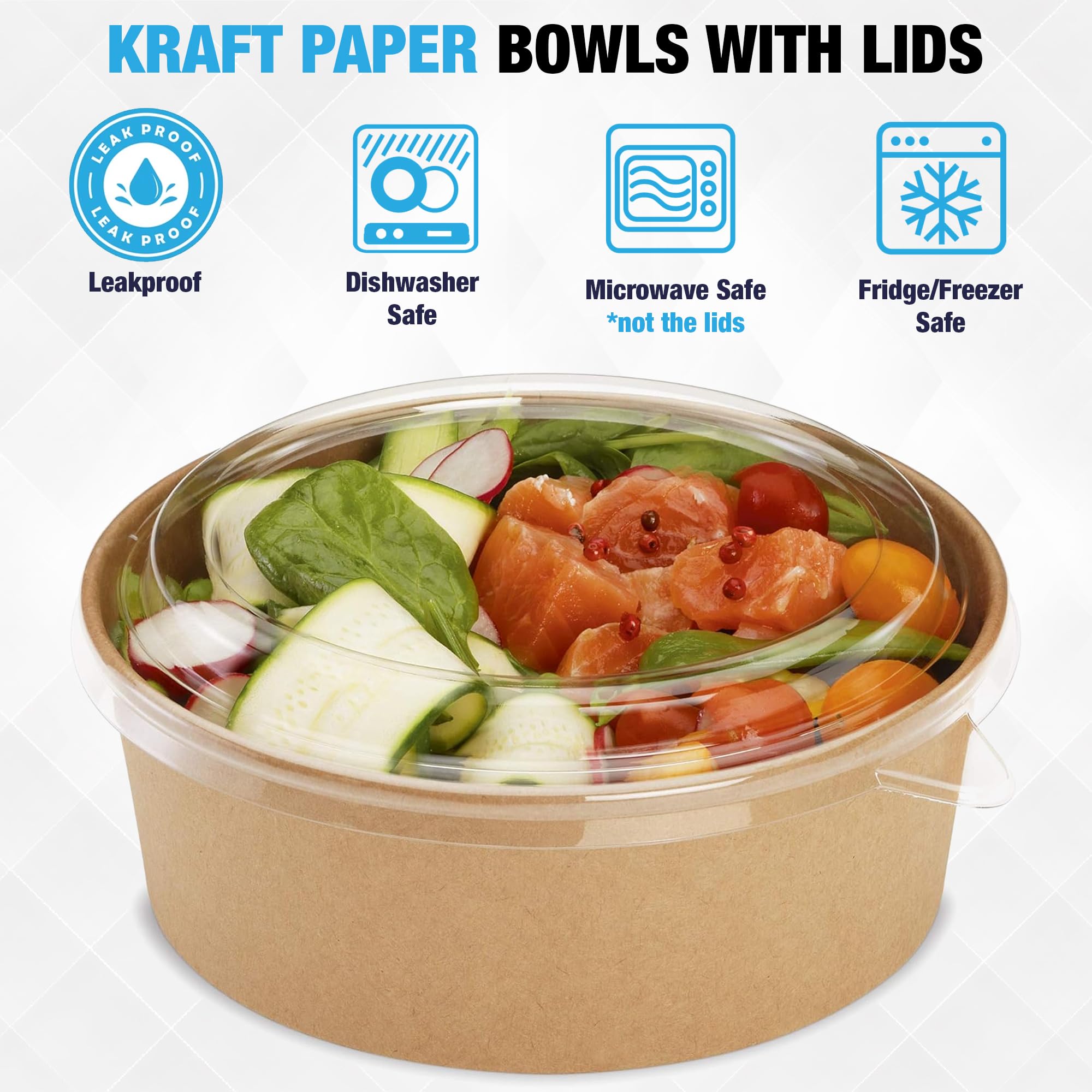 Ruthy's Outlet Kraft Salad Bowls W/Clear Lids - Disposable Paper Salad Containers, Eco-Friendly | Leak-Resistant | Microwave Safe - Ideal for Meal