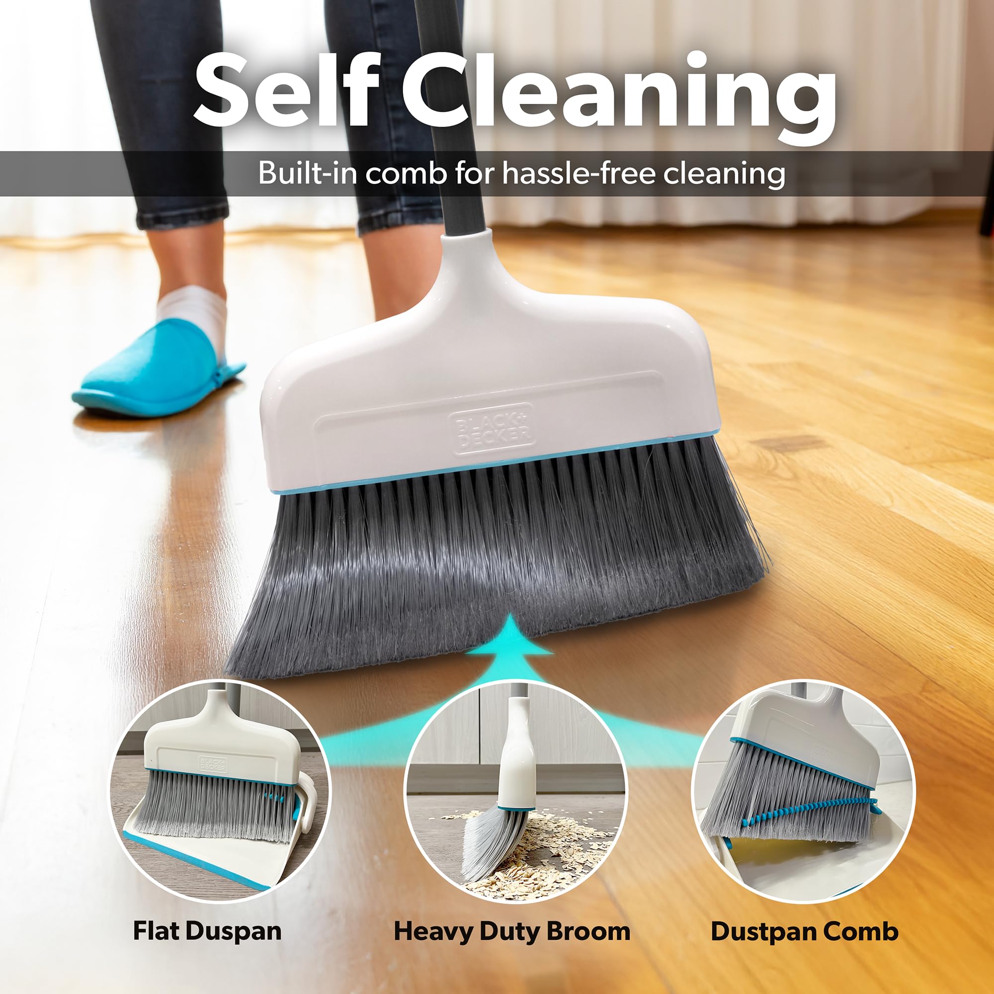 BLACK+DECKER Butler Broom and Dustpan Set for Home, Short Handle, Stand Up and Lightweight Space Saving Dust Pan and Broom Combo for Kitchen, Living