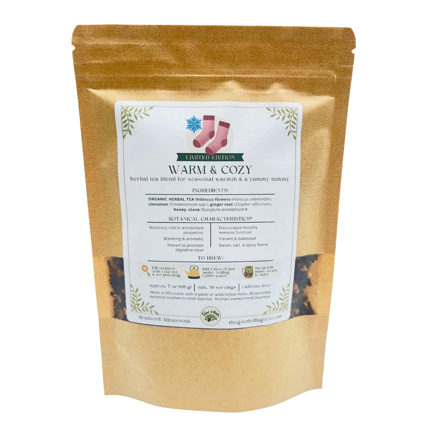 The Good Village Co. Warm & Cozy Loose Leaf Herbal Tea, Caffeine Free Botanical Blend with Warming Spices, 6 oz, Approx. 50 Servings