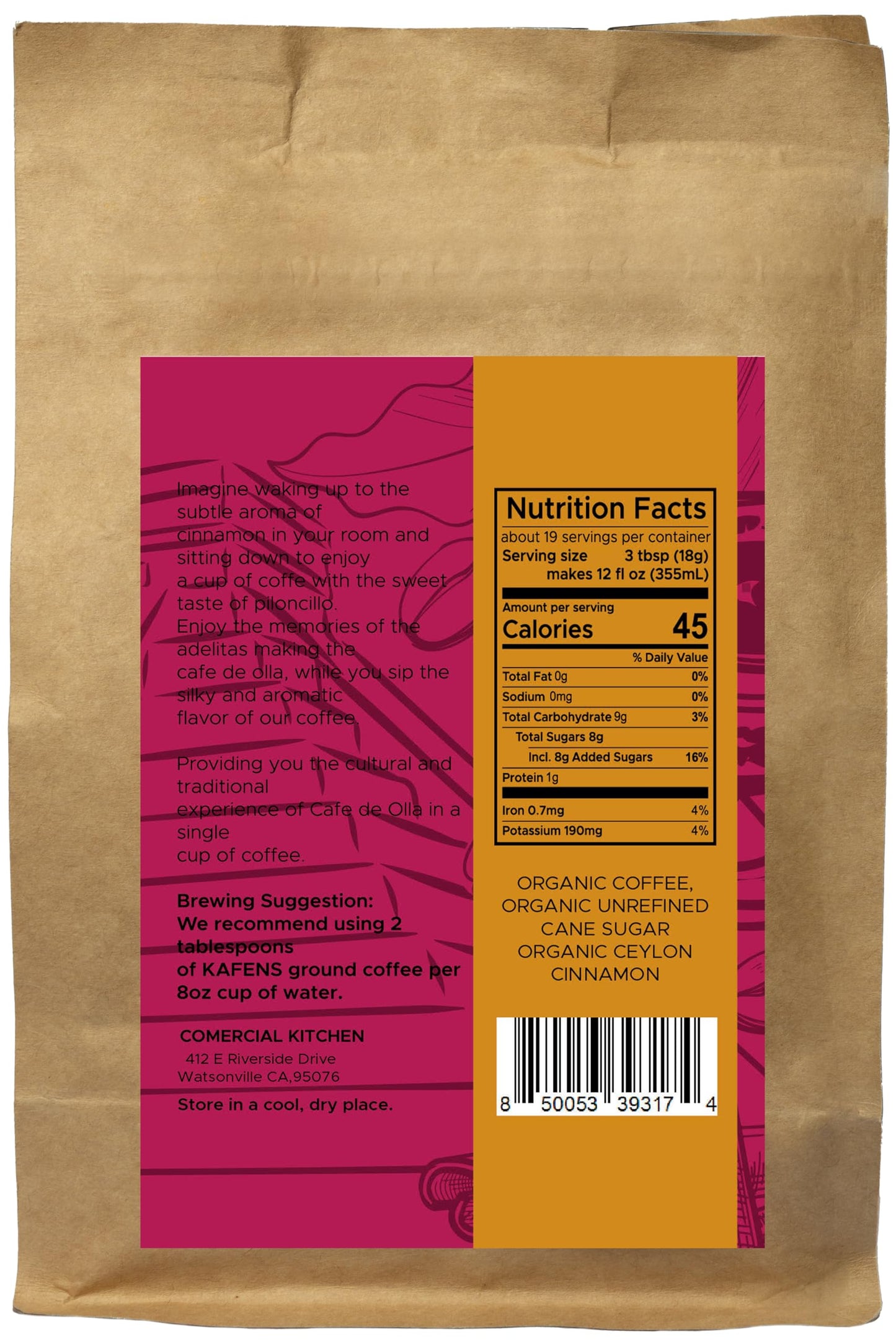 KINICH: Cafe De Olla, 100% Organic ingredients, Light Roast Blend Ground Coffee, Piloncillo (unprocessed cane sugar) and Ceylon cinnamon, 1lb(Pack