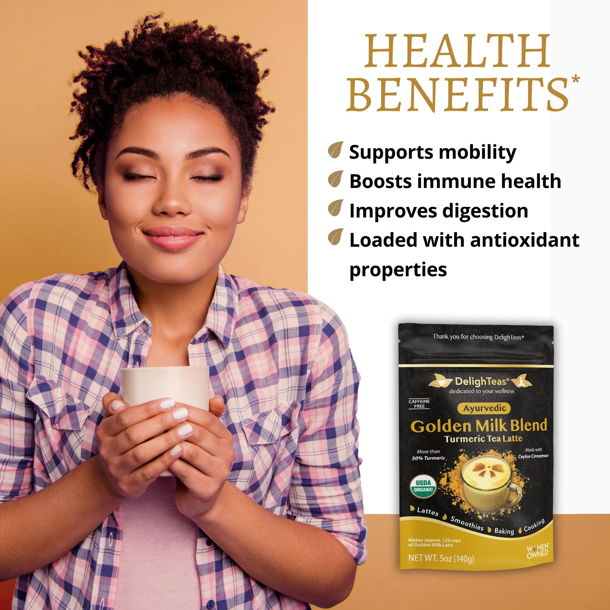 DelighTeas Organic Golden Milk Powder with Turmeric, Ginger, Ceylon Cinnamon | Ayurvedic Spices for Golden Turmeric Latte | Unsweetened, Vegan