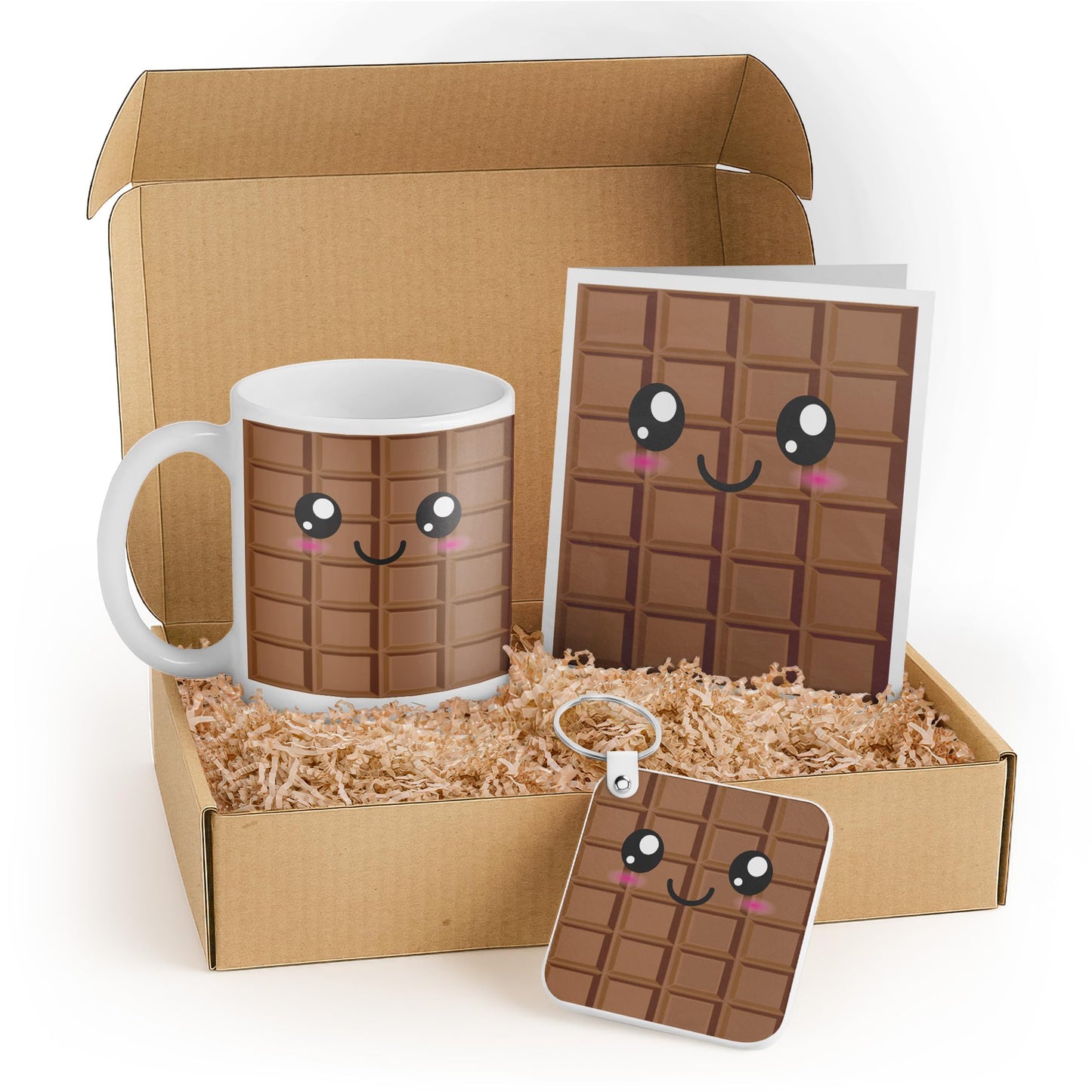 3dRose Kawaii Chocolate Bar Gift Set with Mug, Coaster, Card, and Keychain - Cute Present for Friends and Chocolate Lovers