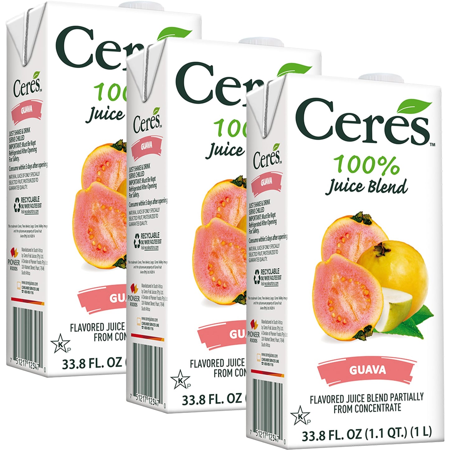 Ceres Guava Juice Blend, 3-Pack - 100% Natural, Rich in Vitamin C, No Added Sugar, Artificial Colors, or Flavors, Kosher Certified, 33.8 Oz Ea (1