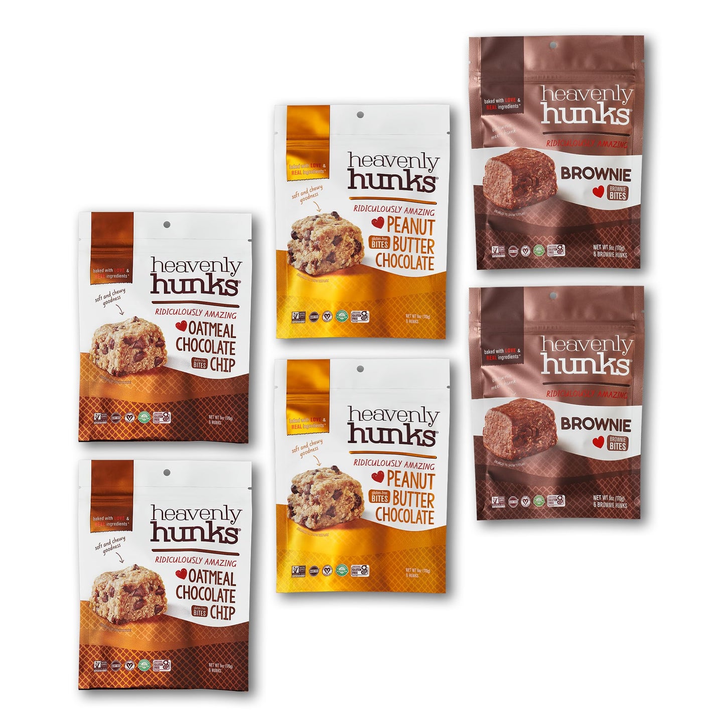 Heavenly Hunks Variety Pack 6oz Bags (6 Pack) - Oatmeal Chocolate Chip, Peanut Butter Chocolate & Brownie Bites
