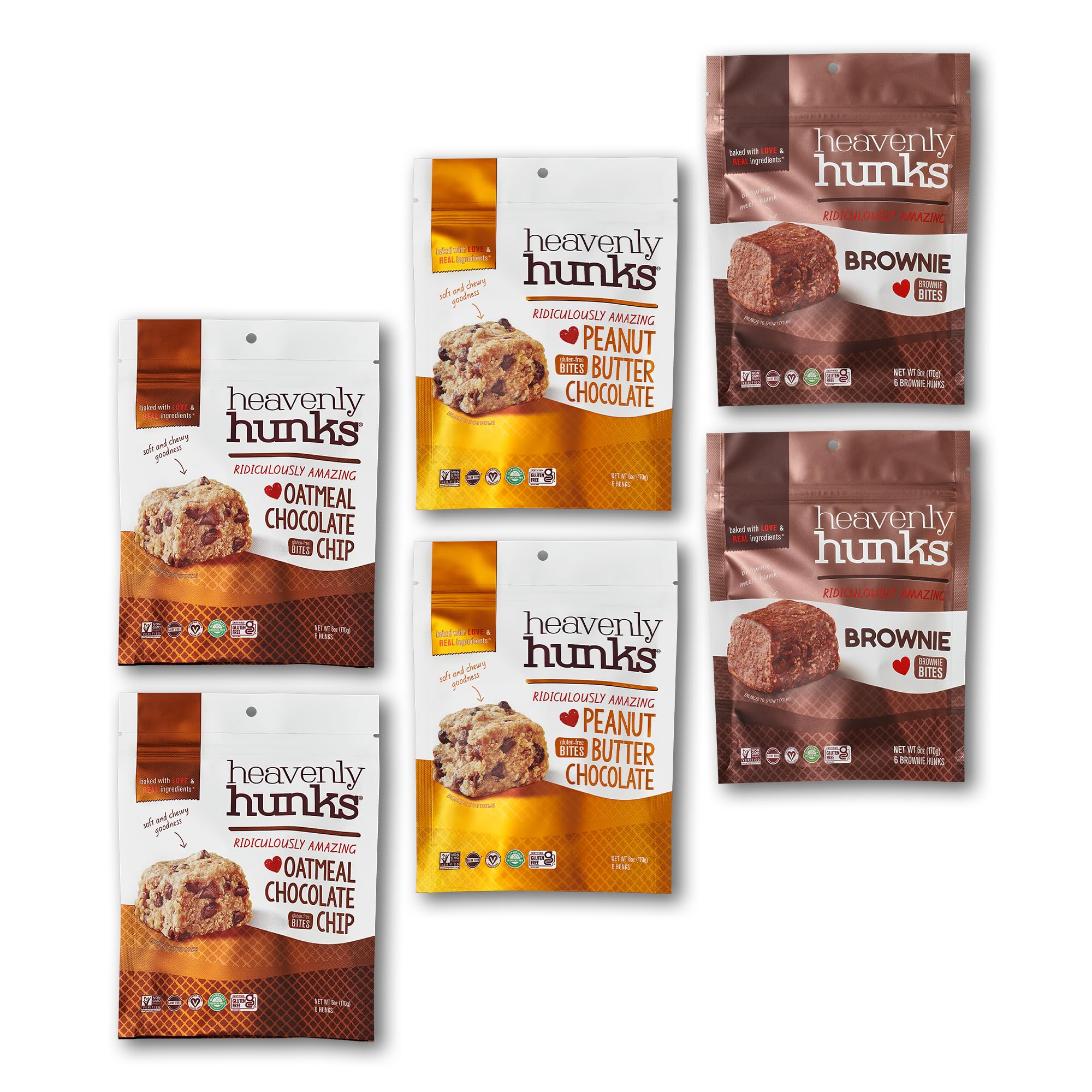 Heavenly Hunks Variety Pack 6oz Bags (6 Pack) - Oatmeal Chocolate Chip, Peanut Butter Chocolate & Brownie Bites