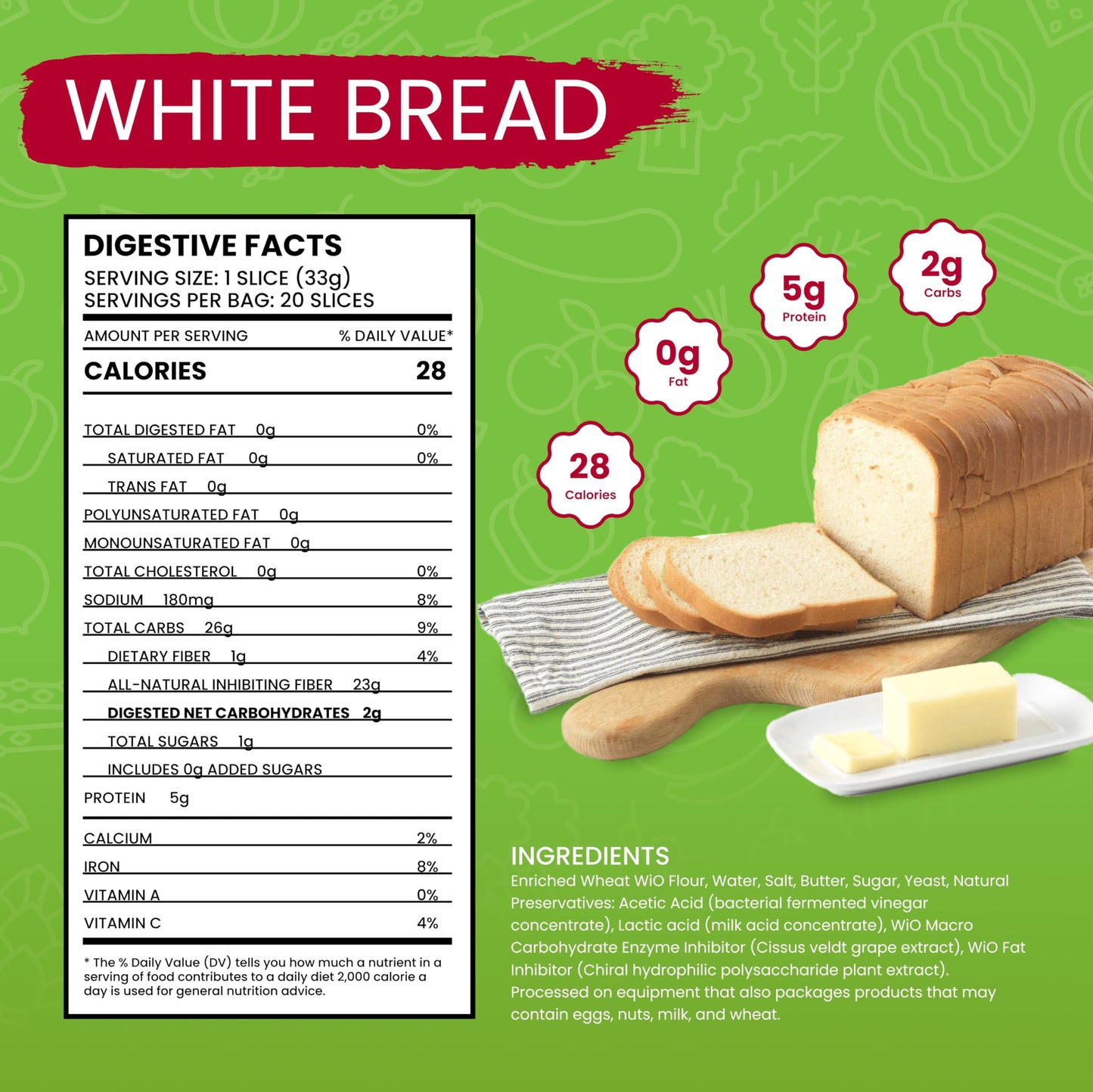 WiO SmartFoods™ White Bread Sliced, 20 Slices (1 Loaf), Low-Carb, Keto-Friendly, Fat-Free, Sugar-Free, Perfect for Sandwiches, Snacks, and Baking