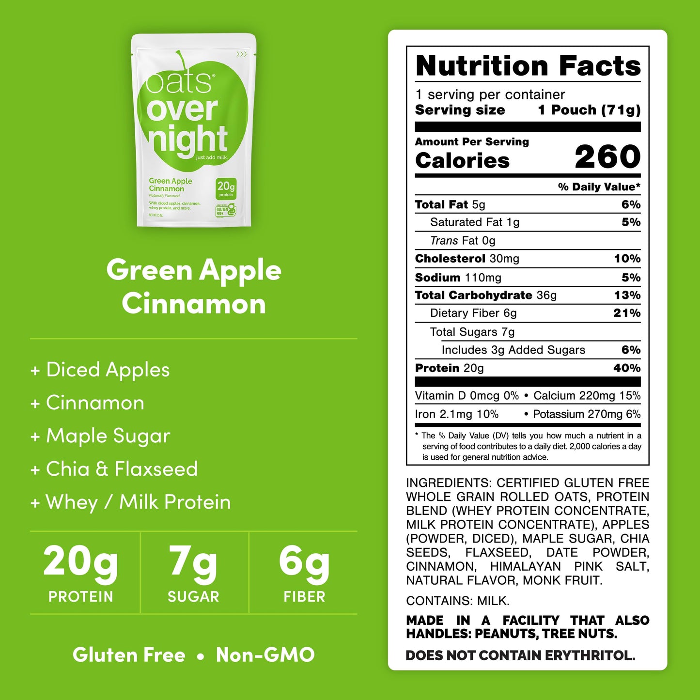 Oats Overnight Green Apple Cinnamon - Overnight Oats with 20g Protein, High Fiber Breakfast Protein Shake - Gluten Free Oatmeal, Non GMO High Protein