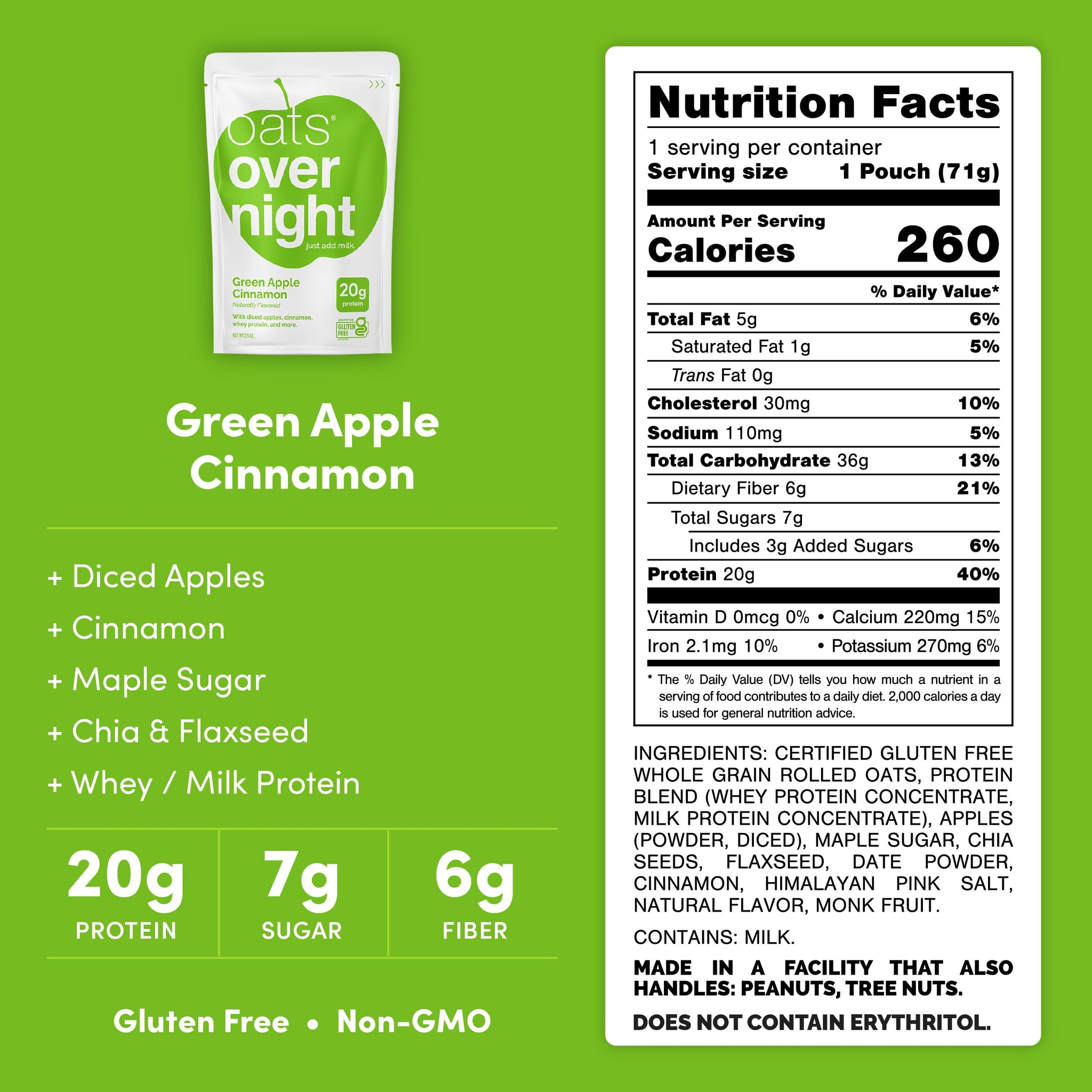Oats Overnight Green Apple Cinnamon - Overnight Oats with 20g Protein, High Fiber Breakfast Protein Shake - Gluten Free Oatmeal, Non GMO High Protein