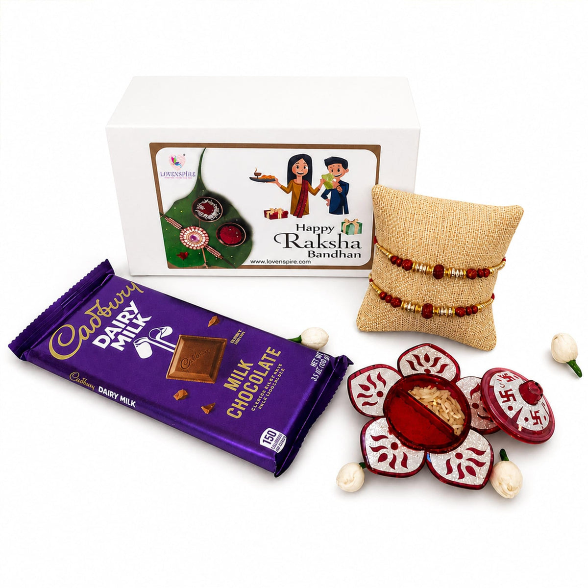 LoveNspire Rakhi Gift Hamper for Brother & Bhabhi - Includes Designer Handmade Raksha Bandhan Bracelet Threads, Chocolate, & Roli Chawal Hamper 2