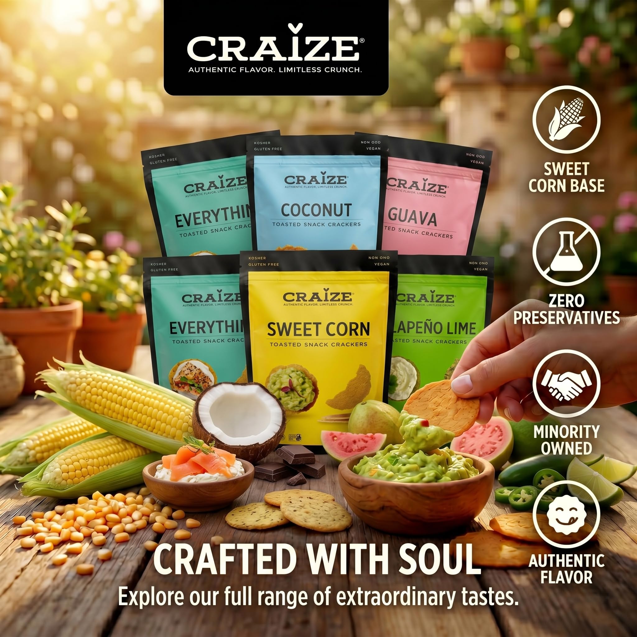 Craize Variety Pack | Sweet Corn x2, Coconut, Guava, Everything, Jalapeno Lime Crisps | Gluten Free, Vegan, Toasted Corn Crackers | 6 pack, 4 oz each