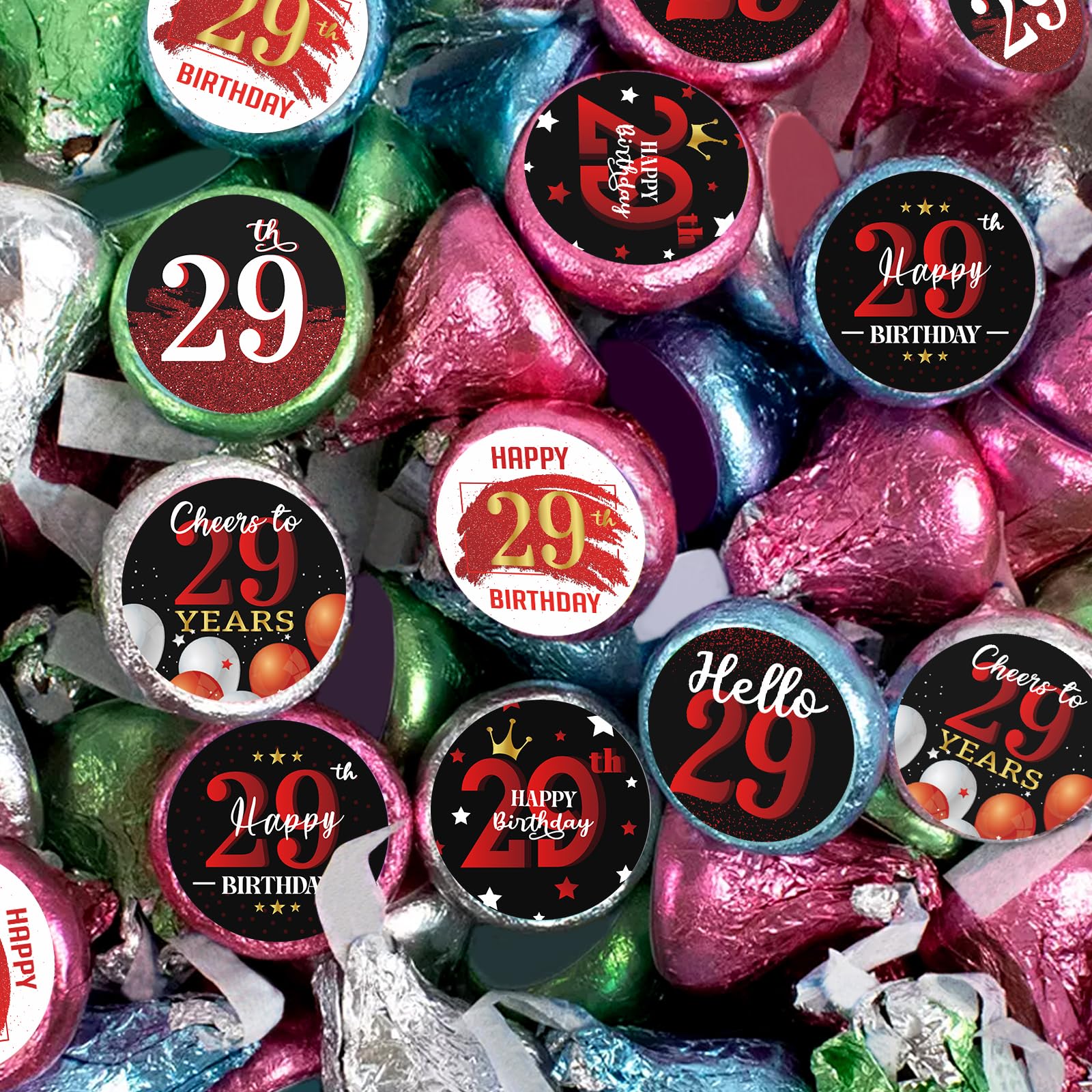 Happy 29th Birthday Party Favor Labels Chocolate Kisses Candy Stickers - Twenty Nine Years Old Birthday Round Candy Sticker Party Favors - Black