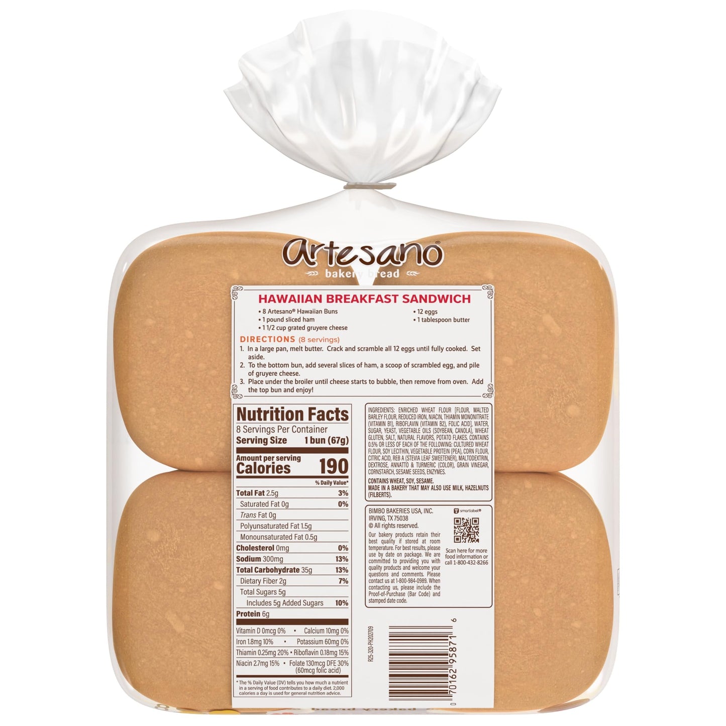Artesano Hawaiian Bakery Buns, 8 count, (2.38 oz each), Sweet Hamburger Buns, 19 oz Bag