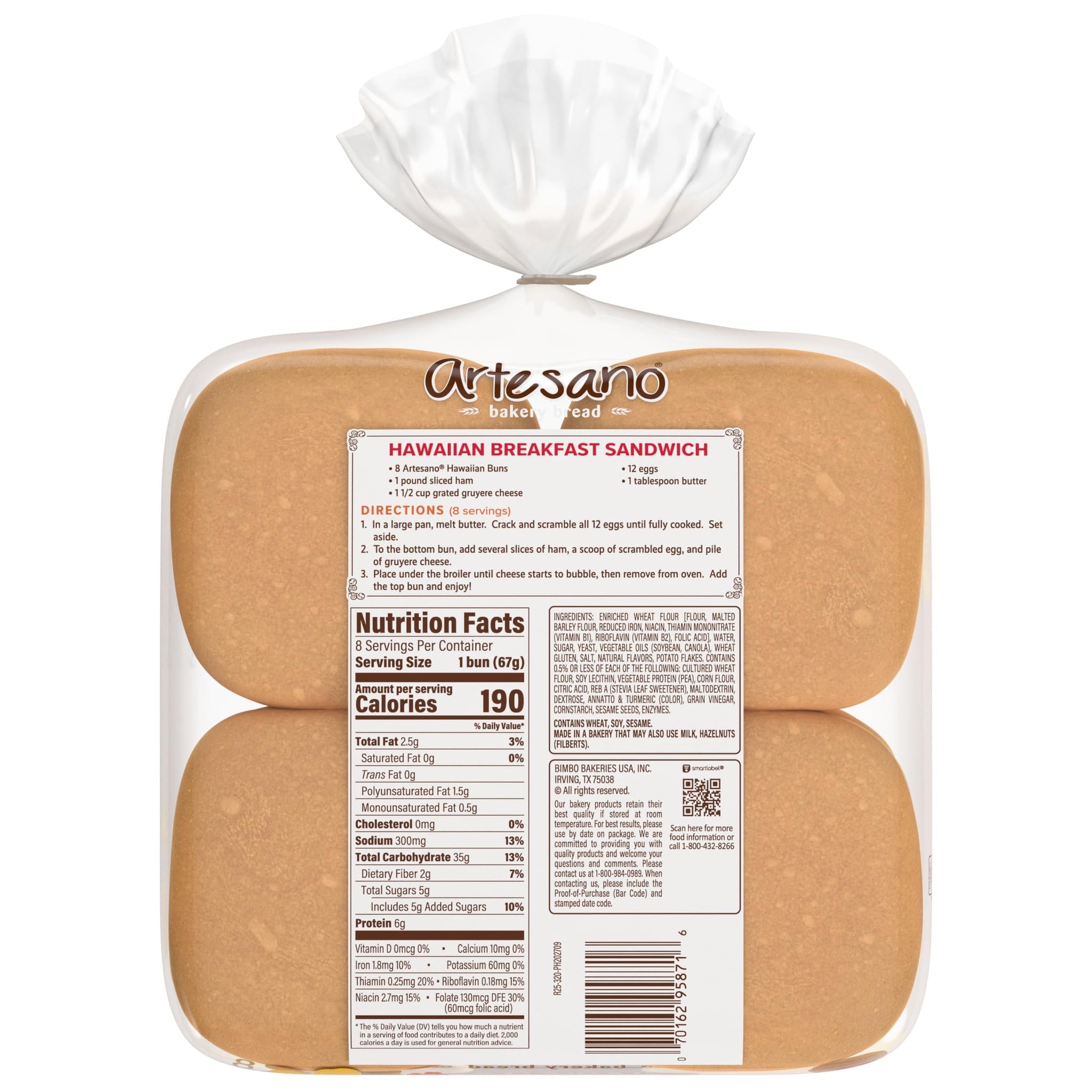 Artesano Hawaiian Bakery Buns, 8 count, (2.38 oz each), Sweet Hamburger Buns, 19 oz Bag