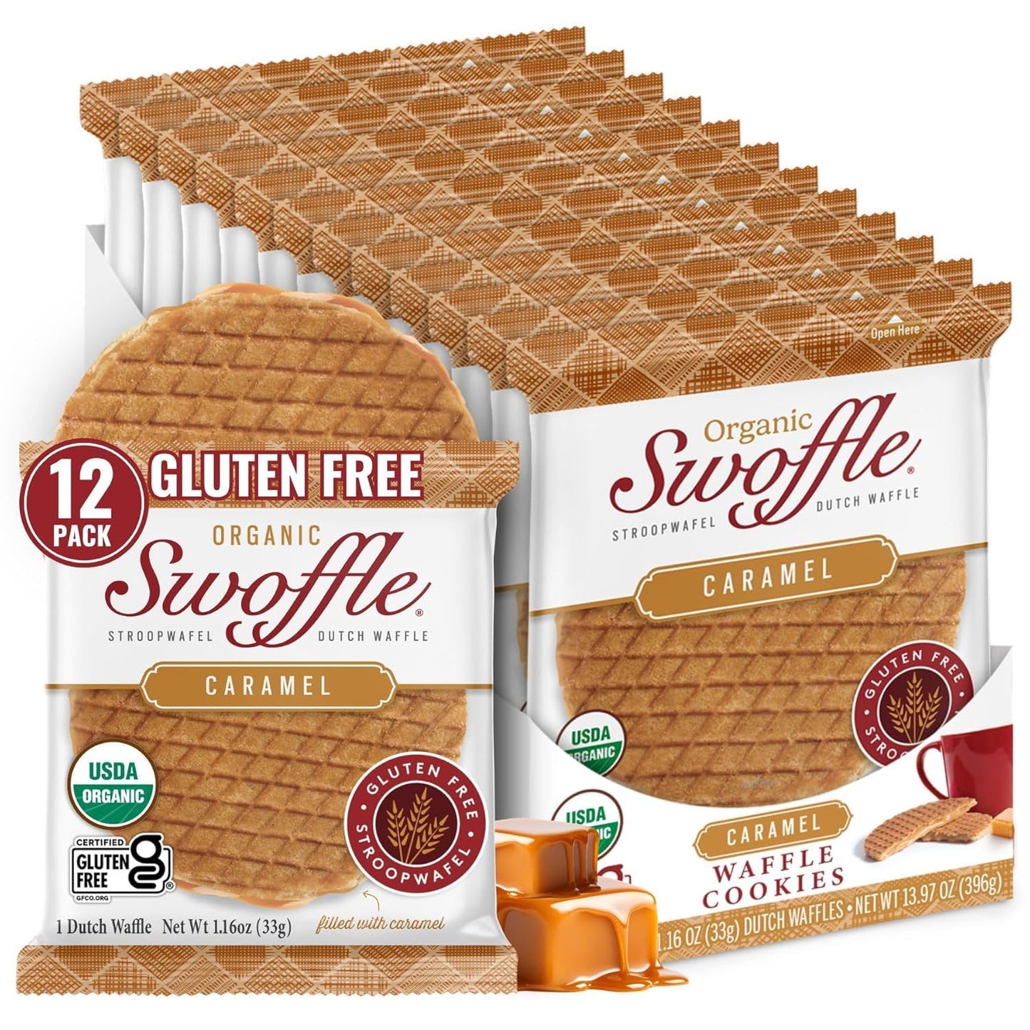 Gluten Free Certified Organic Stroopwafels by Swoffle - Caramel Filled | (12) 1.16oz Wafers | non-GMO, Wheat Free, Kosher, Soy Free, No Dairy, and Nut