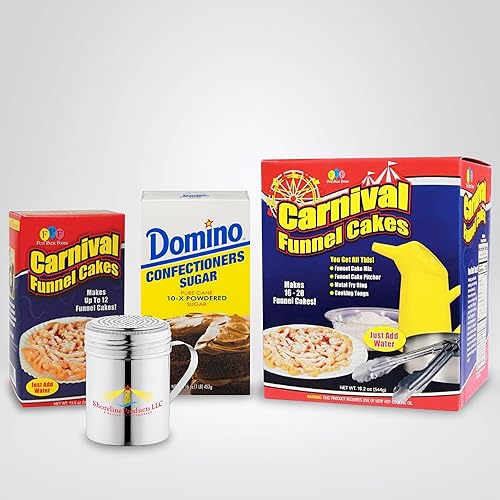Fun Pack Foods - Funnel Cake Kit Deluxe Bundle- Includes Funnel Cake Mix, Ring, Shoreline Products Sugar Dredge, 1lb Confections Sugar, and Bonus 13.5oz Box of Funnel Cake- Makes 28-32 Funnel Cakes