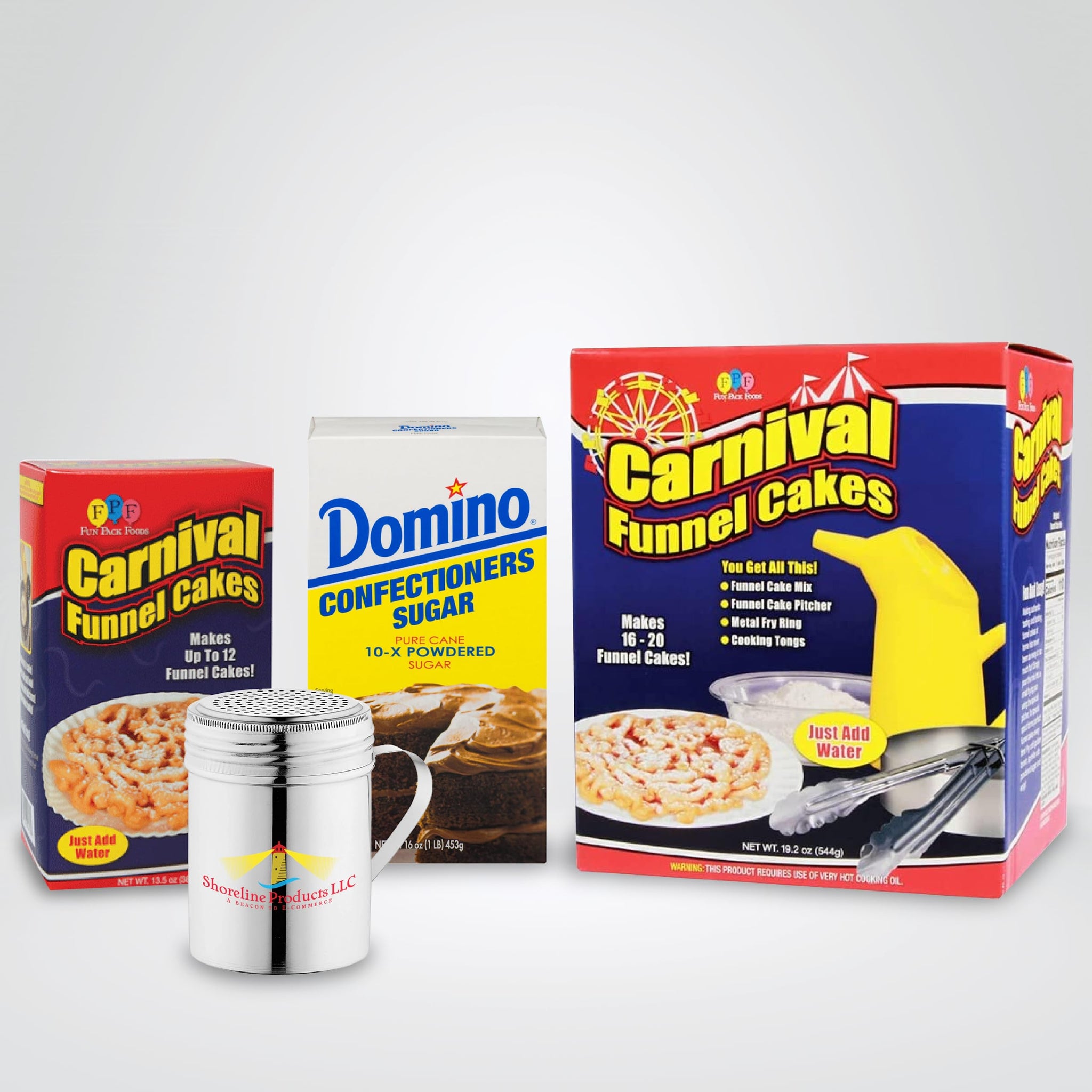 Fun Pack Foods - Funnel Cake Kit Deluxe Bundle- Includes Funnel Cake Mix, Ring, Shoreline Products Sugar Dredge, 1lb Confections Sugar, and Bonus 13.5oz Box of Funnel Cake- Makes 28-32 Funnel Cakes