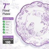 CENLBJ 100 Pcs Lavender Flower Paper Plates,Disposable Floral Party Plates Scalloped Dessert Plate for Wedding Birthday Baby Showers & Special Events