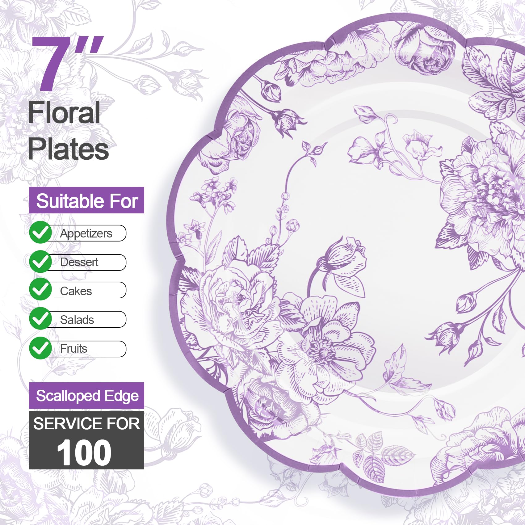 CENLBJ 100 Pcs Lavender Flower Paper Plates,Disposable Floral Party Plates Scalloped Dessert Plate for Wedding Birthday Baby Showers & Special Events
