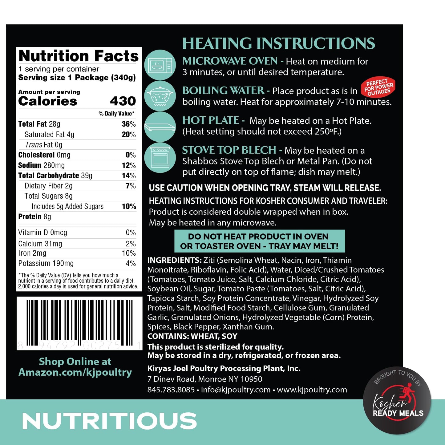KJ Poultry Kosher Parve Ready Meals - Baked Ziti, MRE Meals Ready to Eat, Halal, (1 Pack) Prepared Entree Fully Cooked, Shelf Stable Microwave Dinner
