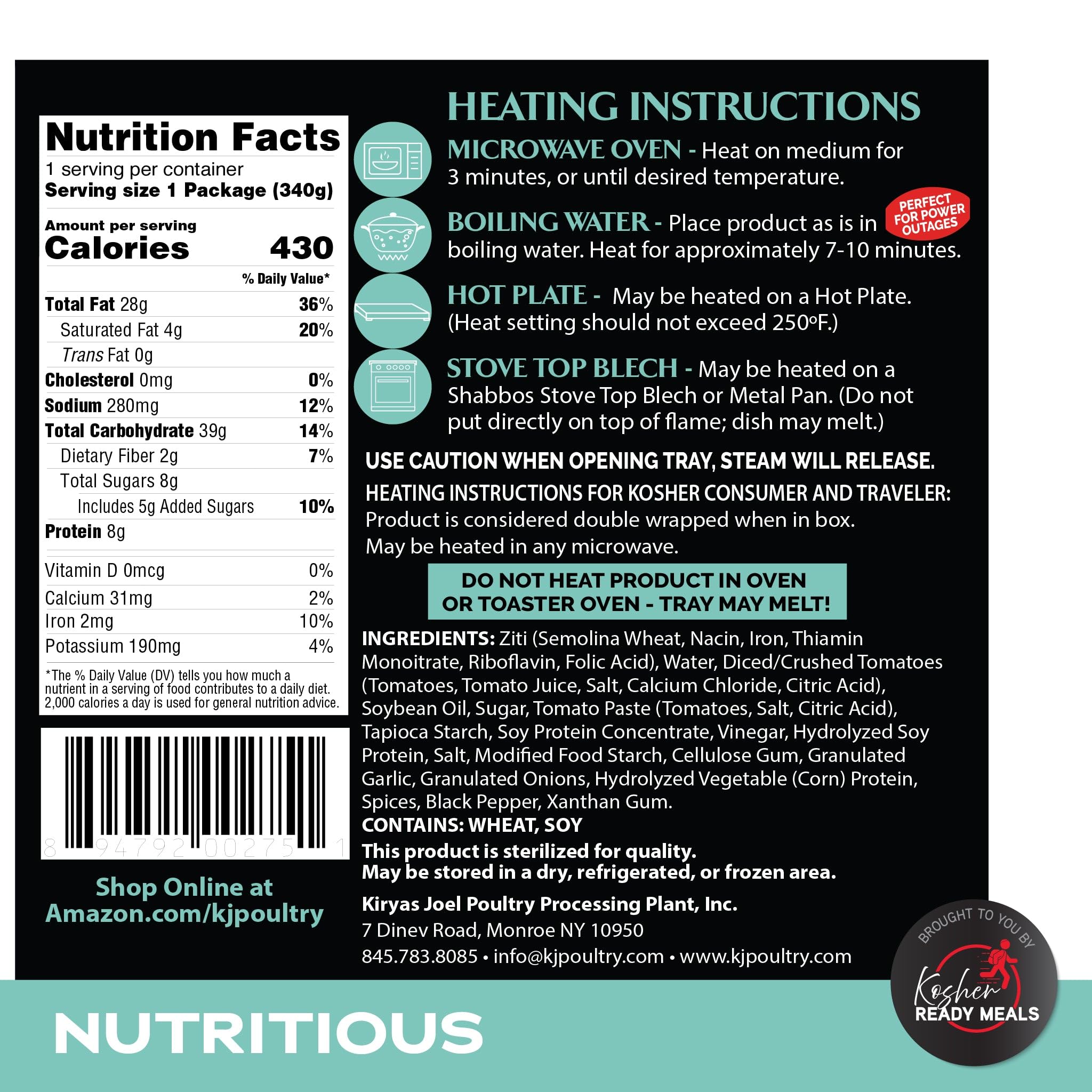 KJ Poultry Kosher Parve Ready Meals - Baked Ziti, MRE Meals Ready to Eat, Halal, (1 Pack) Prepared Entree Fully Cooked, Shelf Stable Microwave Dinner