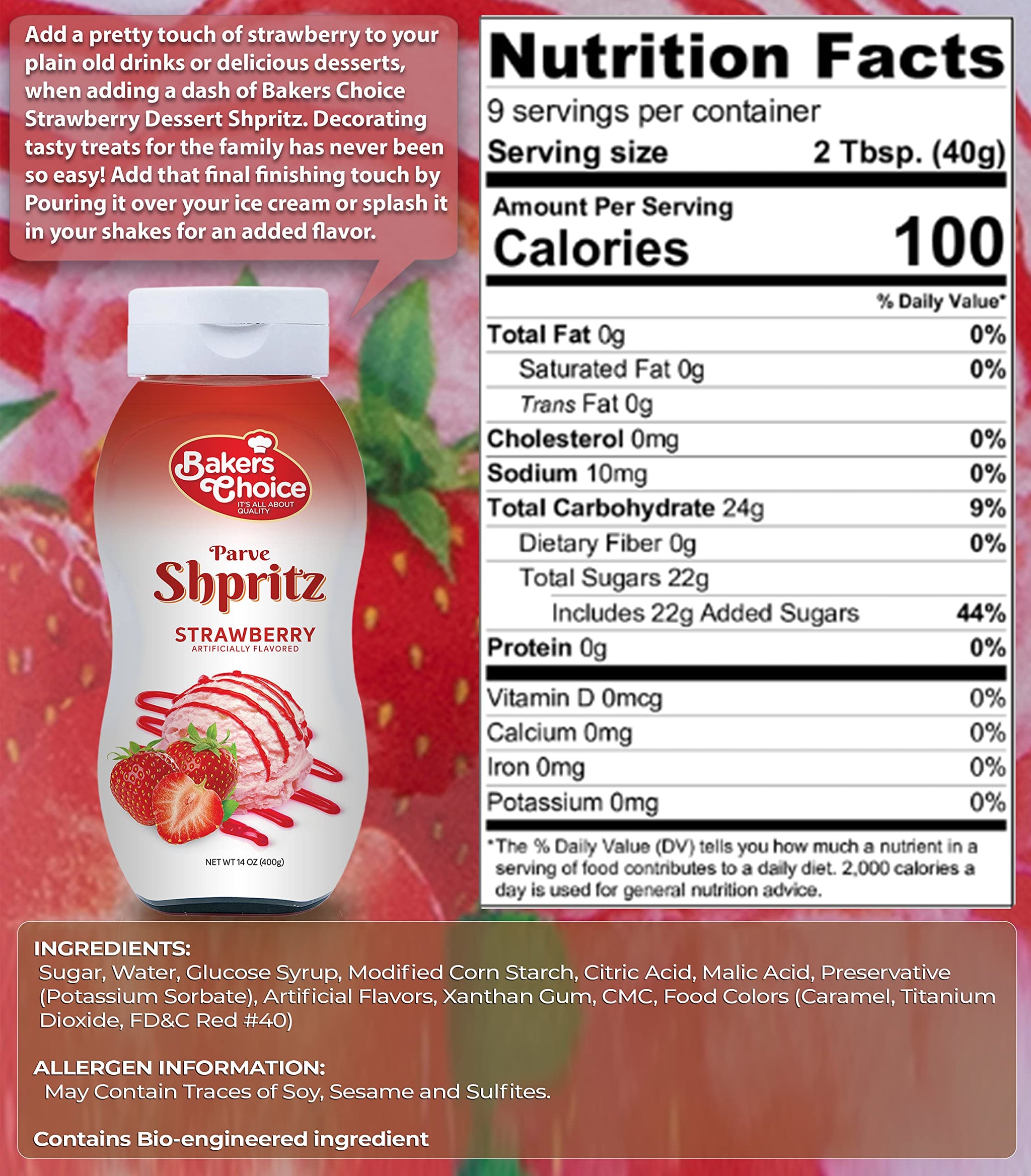 Strawberry Syrup - Ice Cream Toppings Spritz - 14 Ounce - Strawberry Sauce Squeeze Bottle Decorative Pancake - Kosher - by Bakers Choice