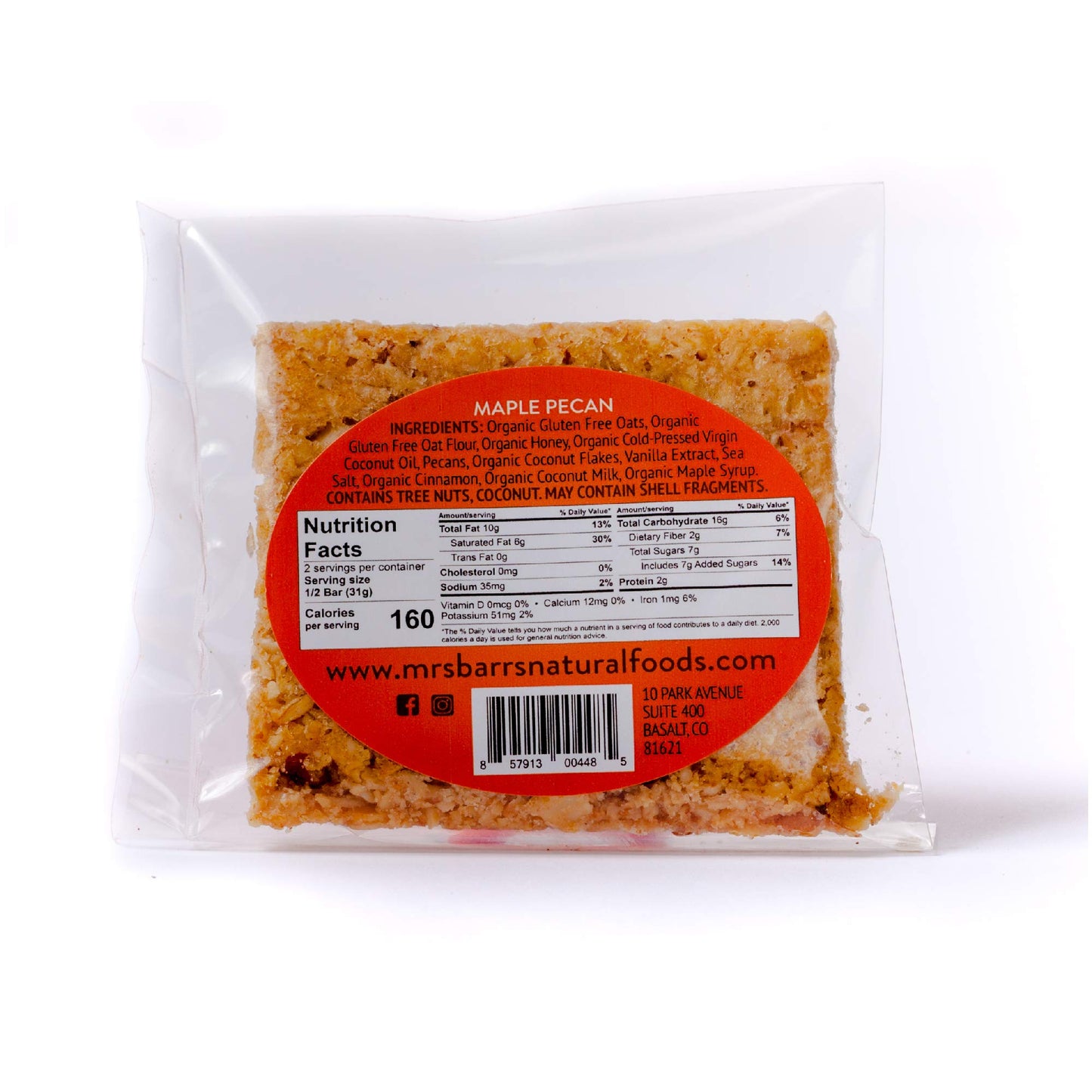 Mrs. Barr’s Natural Foods Granola Bars | Maple Pecan | Certified Organic Gluten Free Oats | Soft Texture | Small Batch | Gourmet Quality | Real