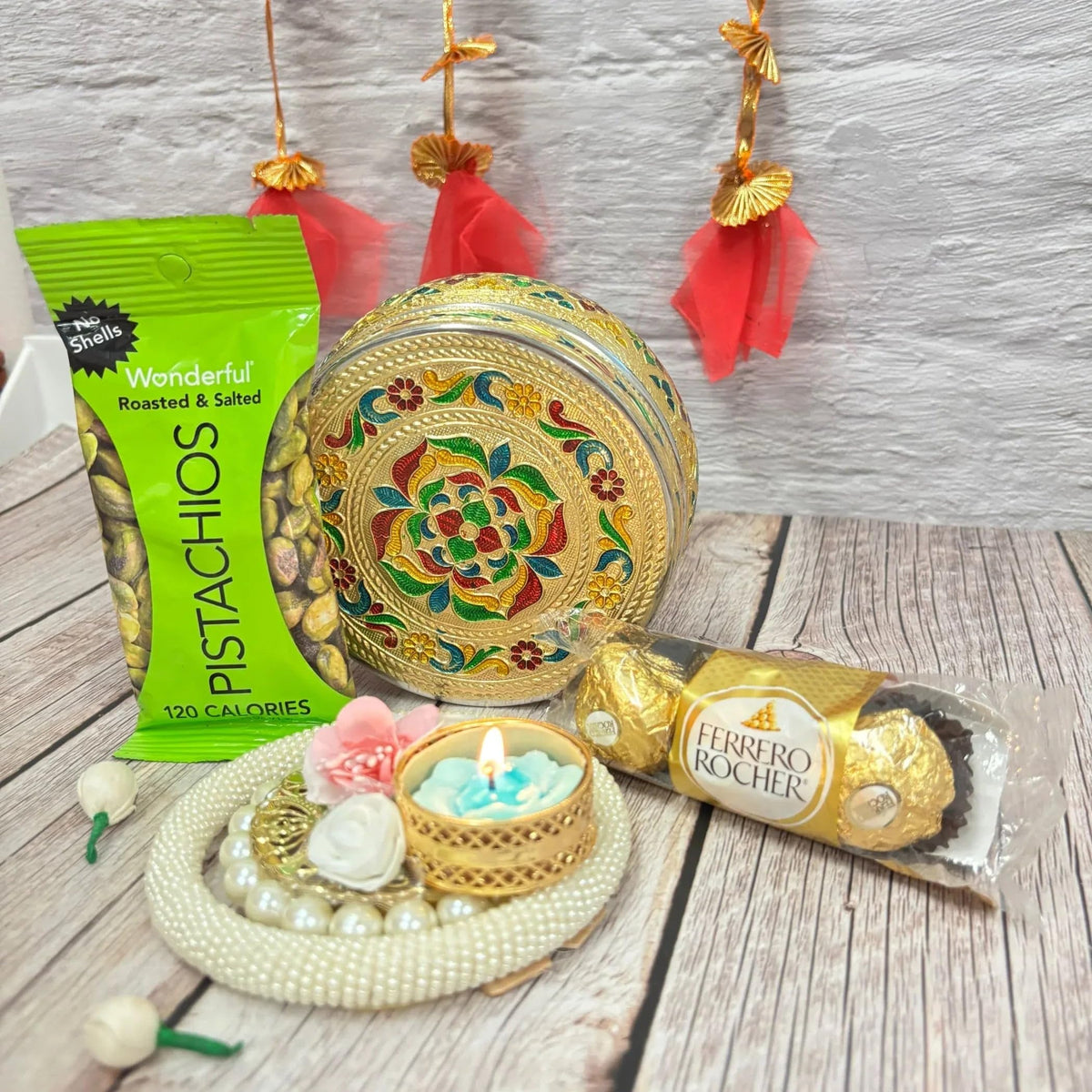 LoveNspire Diwali Gift Hamper with Meenakari Stainless Steel Sweet Box & Pearl Candle Holder for Diwali Pooja, Housewarming, Christmas & Festive