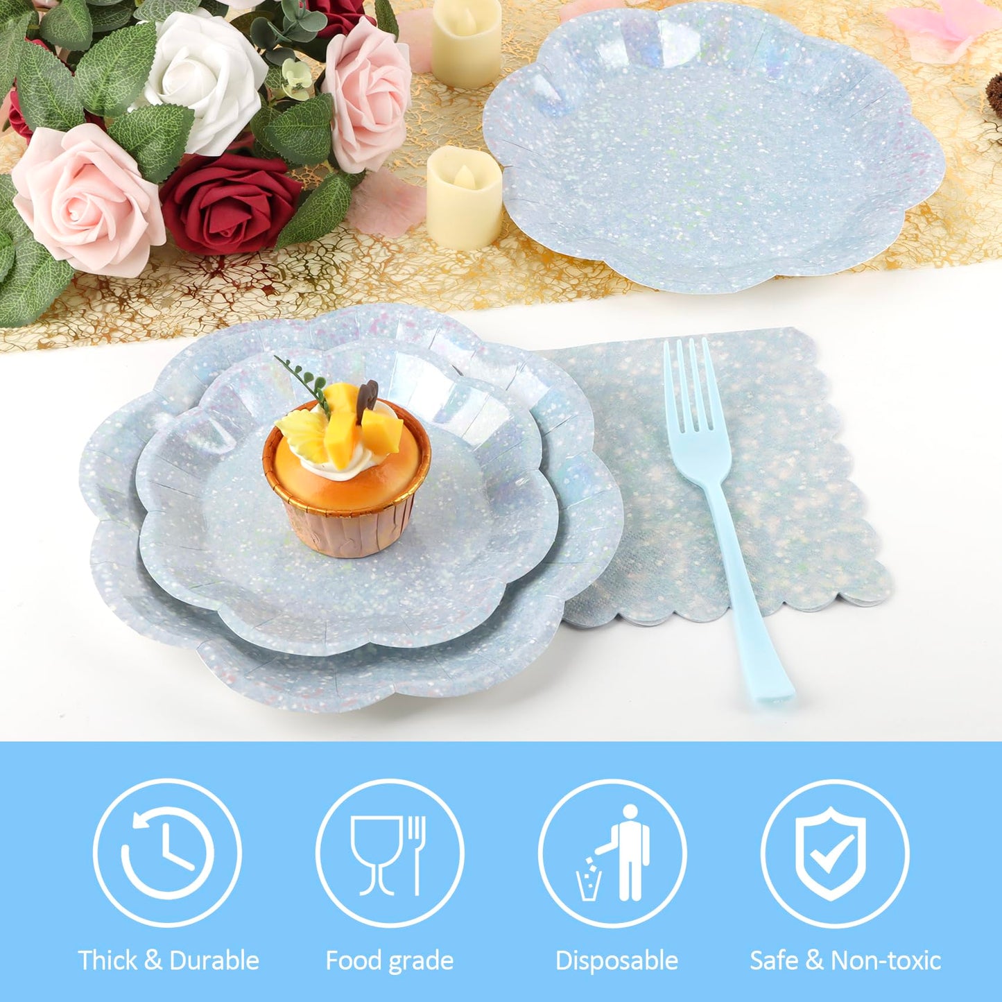 100pcs Blue Paper Plates and Napkins Party Supplies,Iridescent Disposable 9inch Plates,7inch Dessert Plates and Napkins and Forks,Holographic
