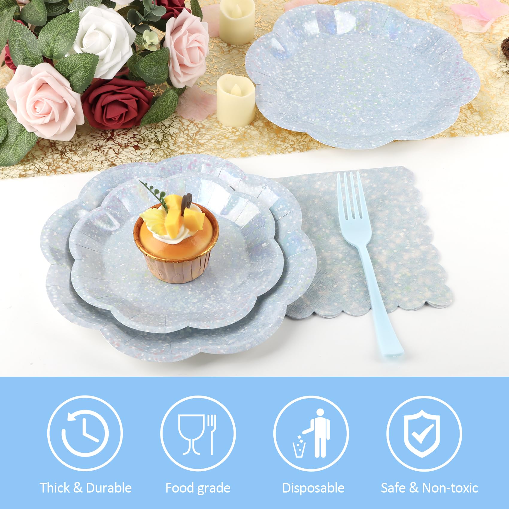 100pcs Blue Paper Plates and Napkins Party Supplies,Iridescent Disposable 9inch Plates,7inch Dessert Plates and Napkins and Forks,Holographic