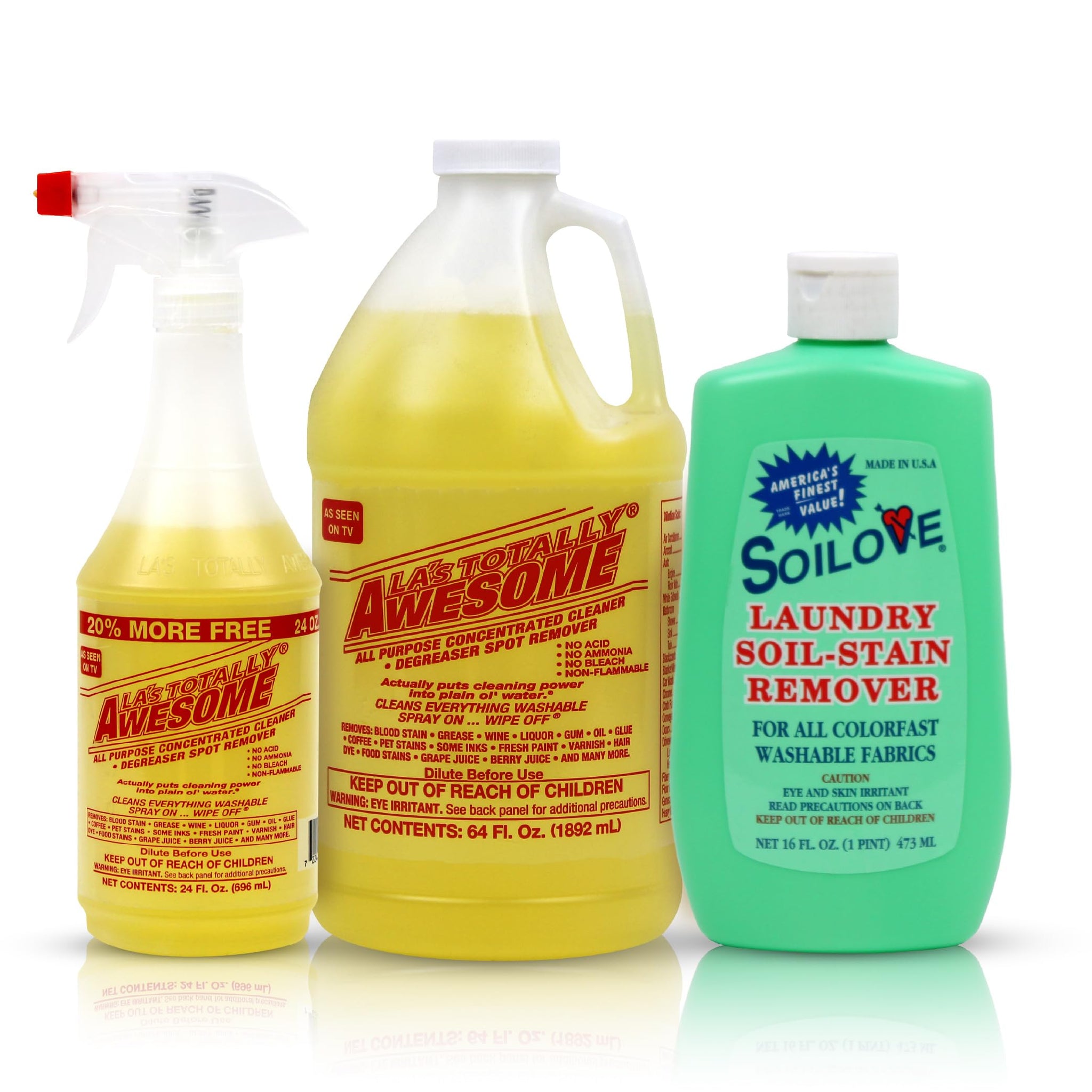 LA's Totally Awesome All-Purpose Cleaner Combo (24oz Spray + 64oz Refill) + Soilove 16oz (Pack of 1) Laundry Stain Remover - Multipurpose Degreaser