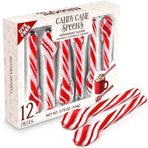 Peppermint Candy Cane Spoons Dye-Free - Pack of 12 Individually Wrapped Christmas Peppermint Flavored Hot Chocolate Spoons - Festive Holiday Treats