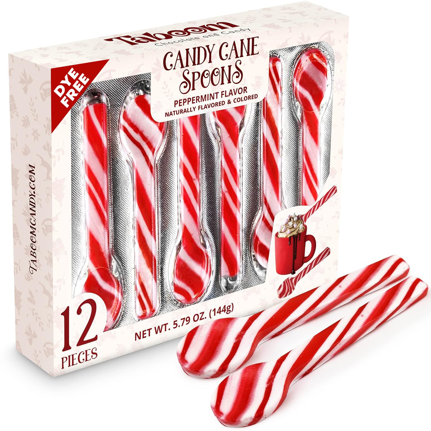 Peppermint Candy Cane Spoons Dye-Free - Pack of 12 Individually Wrapped Christmas Peppermint Flavored Hot Chocolate Spoons - Festive Holiday Treats